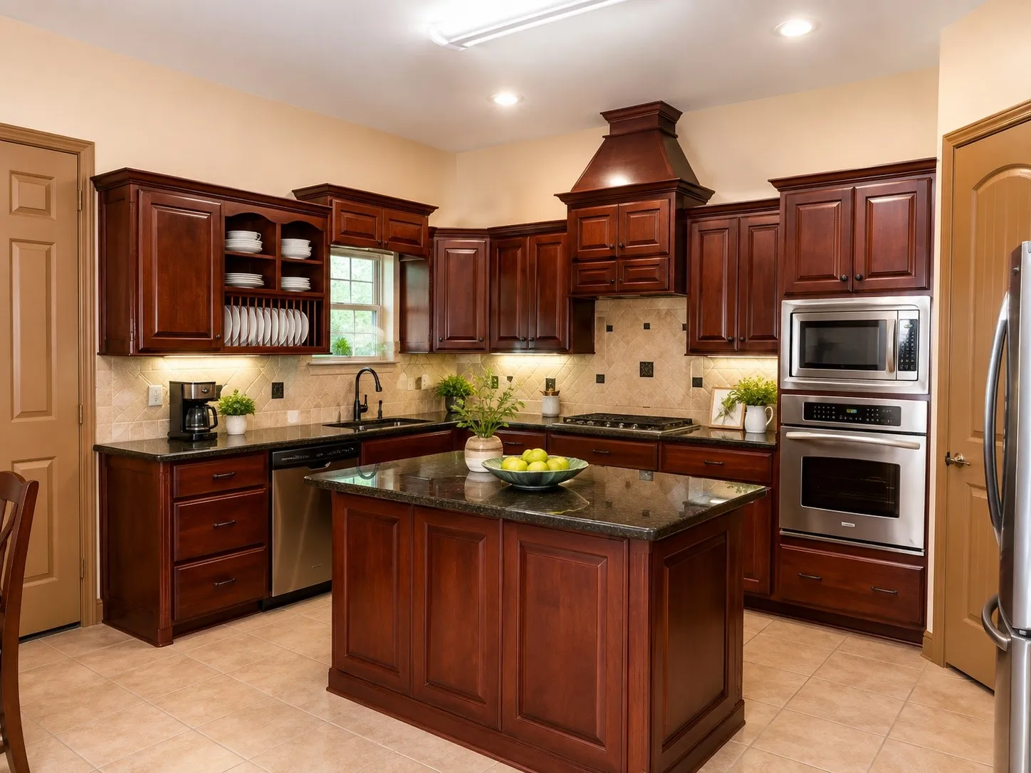 Kitchen featuring rich wood cabinetry, stone countertops, a central island, stainless steel appliances, and tile flooring