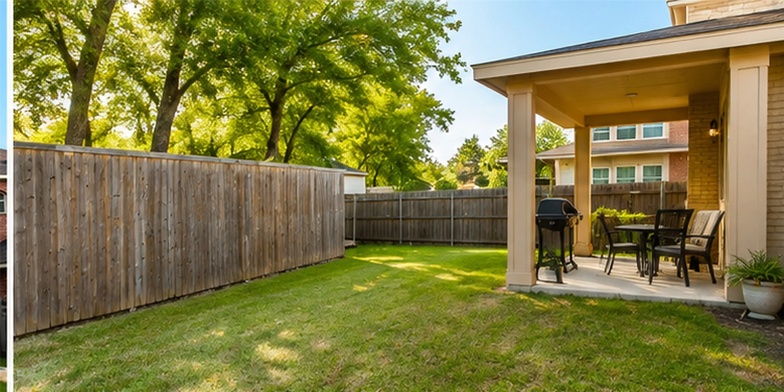 Covered patio with concrete flooring, expansive lawn, and mature trees