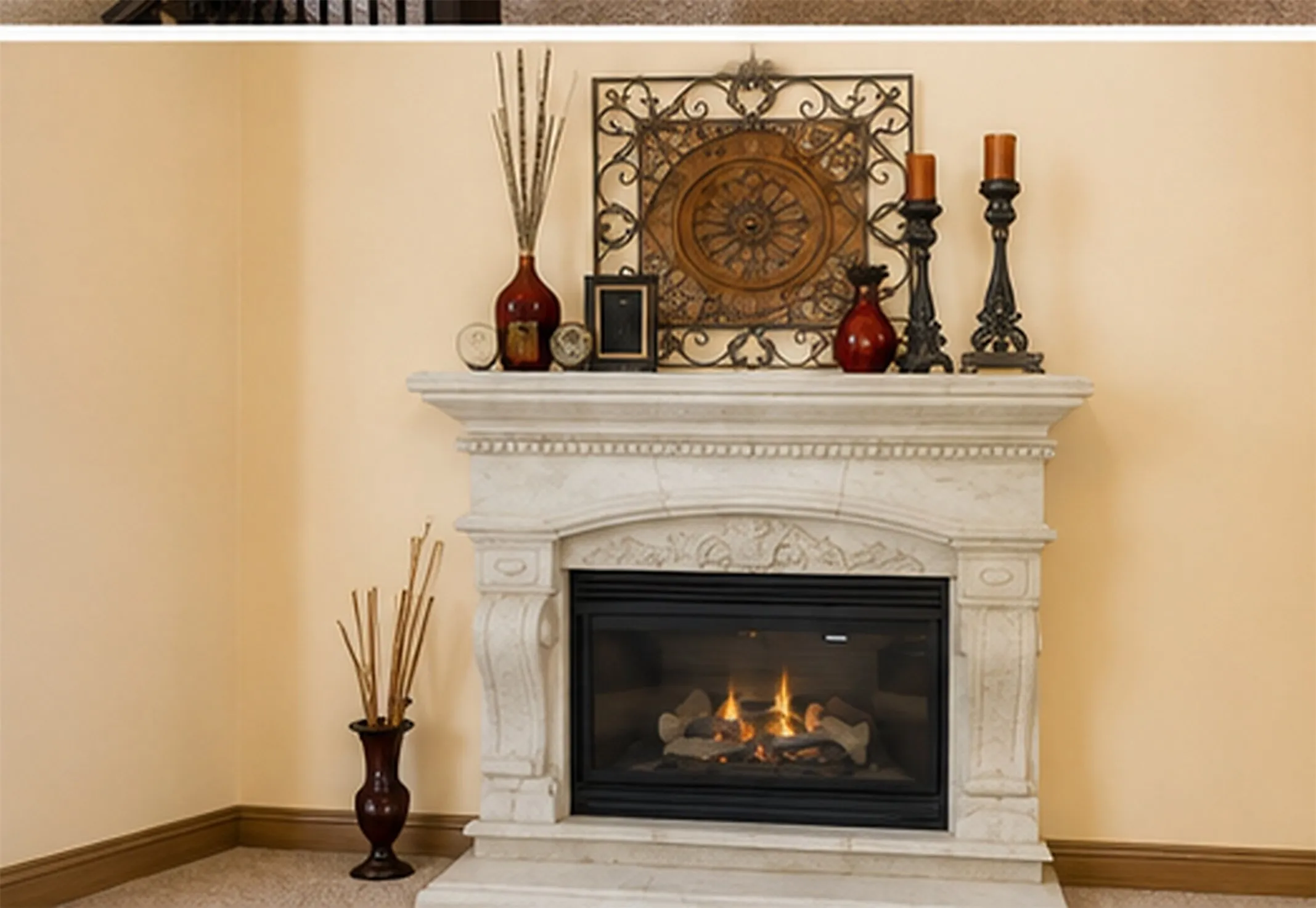 Ornate fireplace with a carved mantel, hearth, and decorative corbels