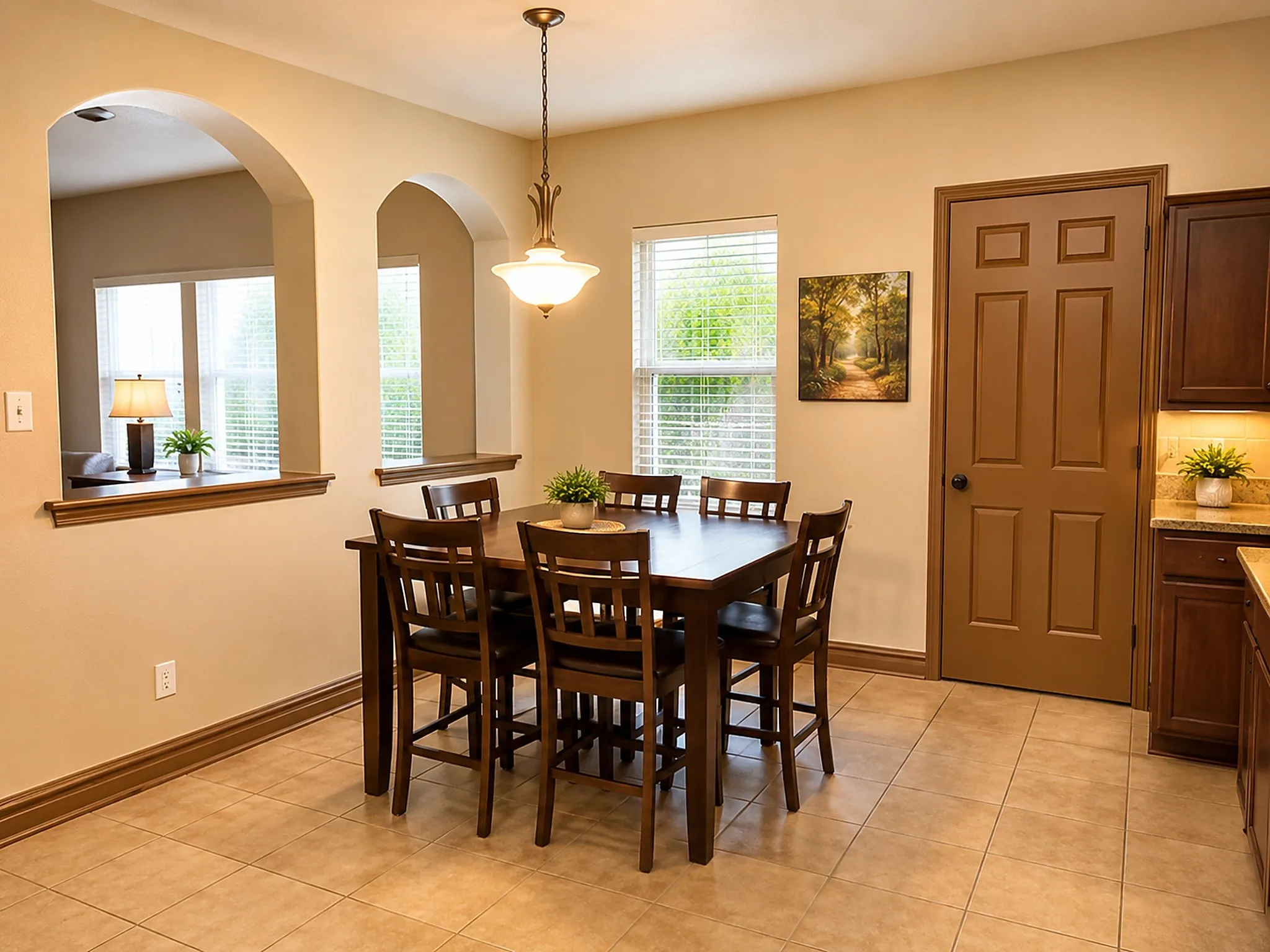 Dining area featuring tile flooring, arched wall openings, a window with blinds, and a built-in kitchen cabinet with a stone-finish countertop