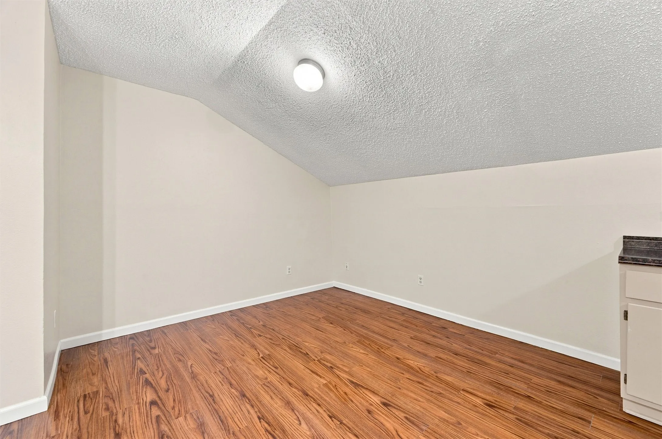 Vaulted ceiling, recessed lighting, wood-finish flooring, neutral wall tones, built-in cabinetry with dark countertop