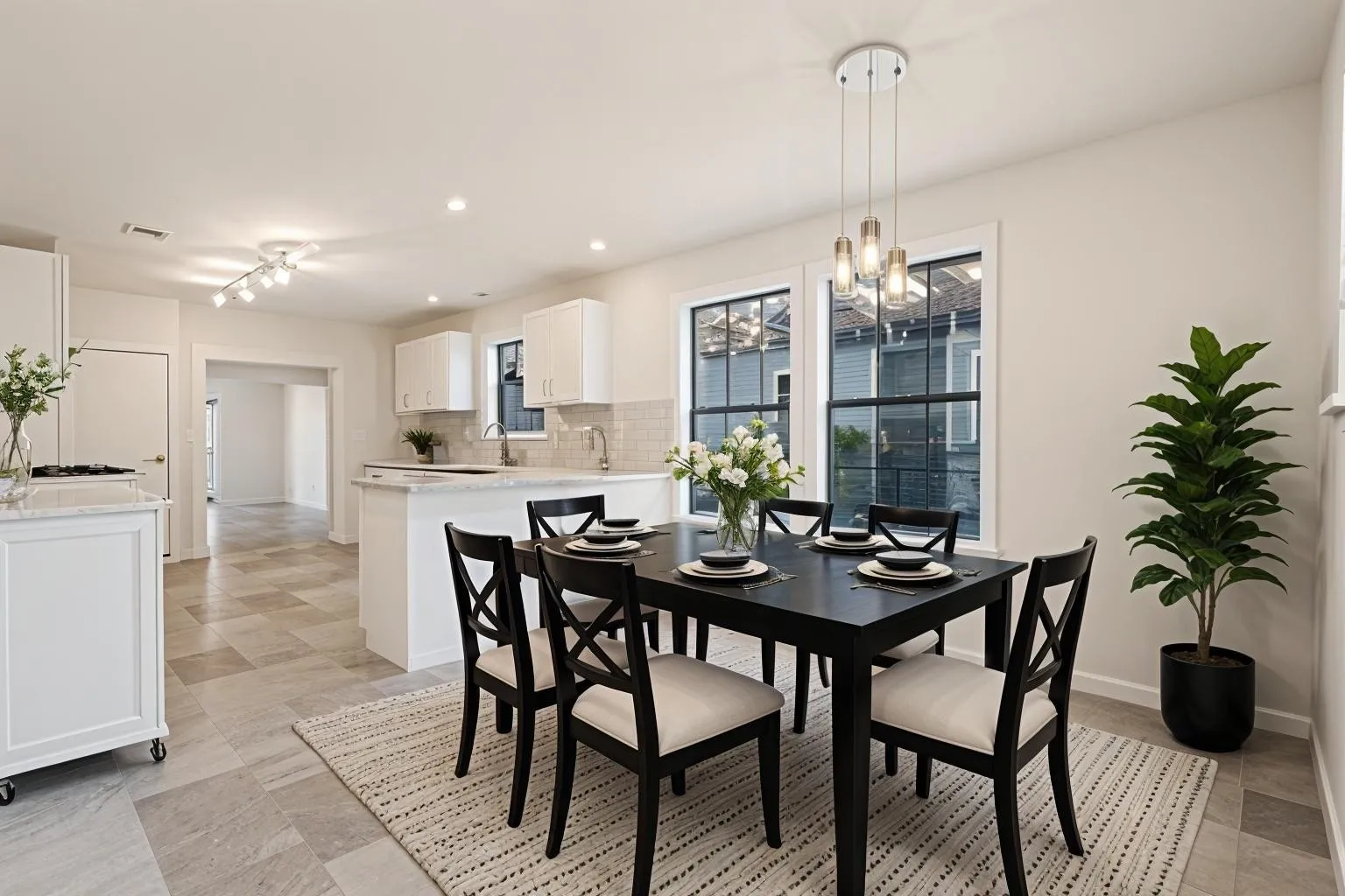 Modern open-concept living space with recessed lighting, white cabinetry, and light-colored tile flooring