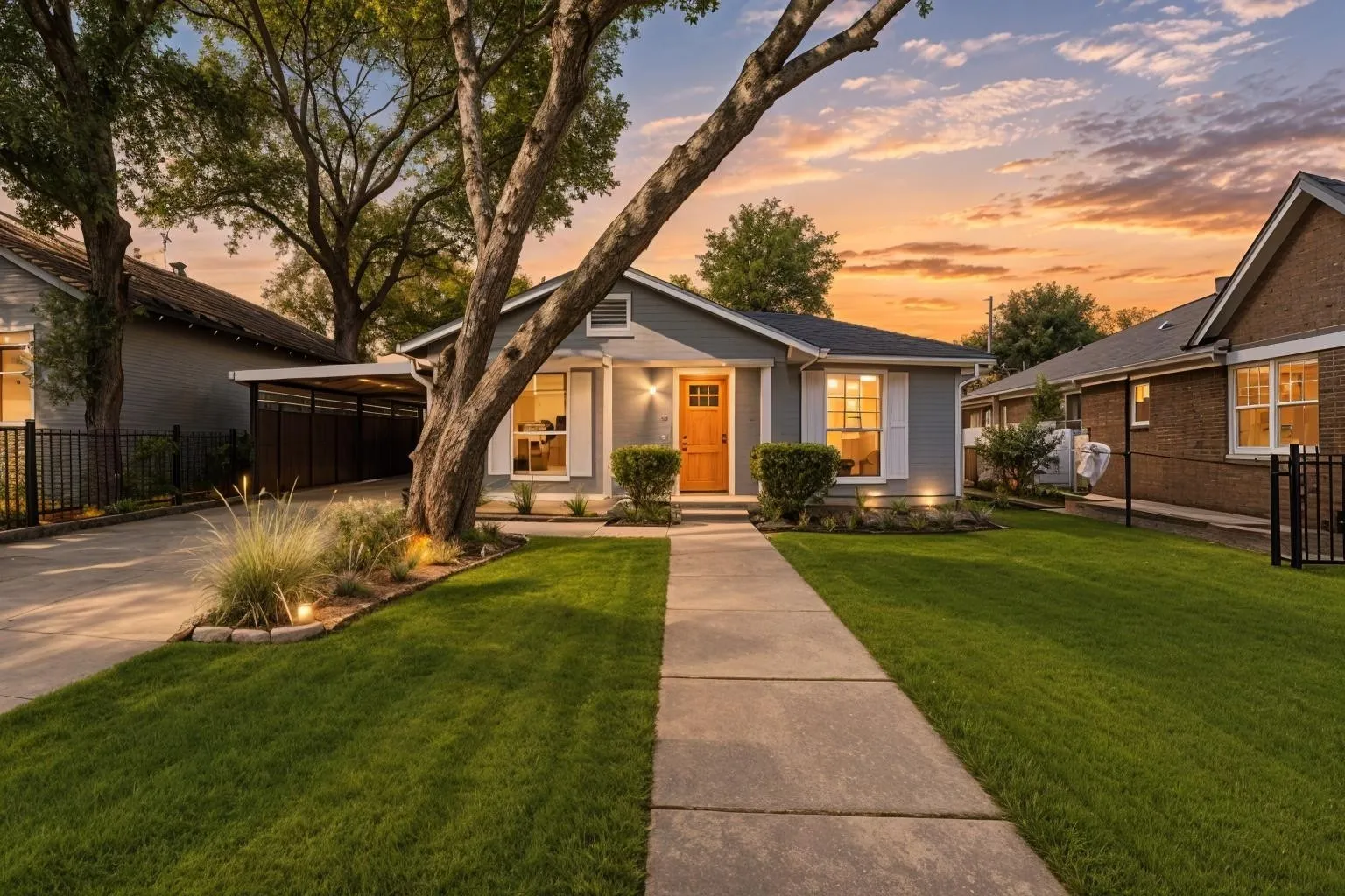 Single-story residence featuring a covered carport, concrete driveway, and a front walkway