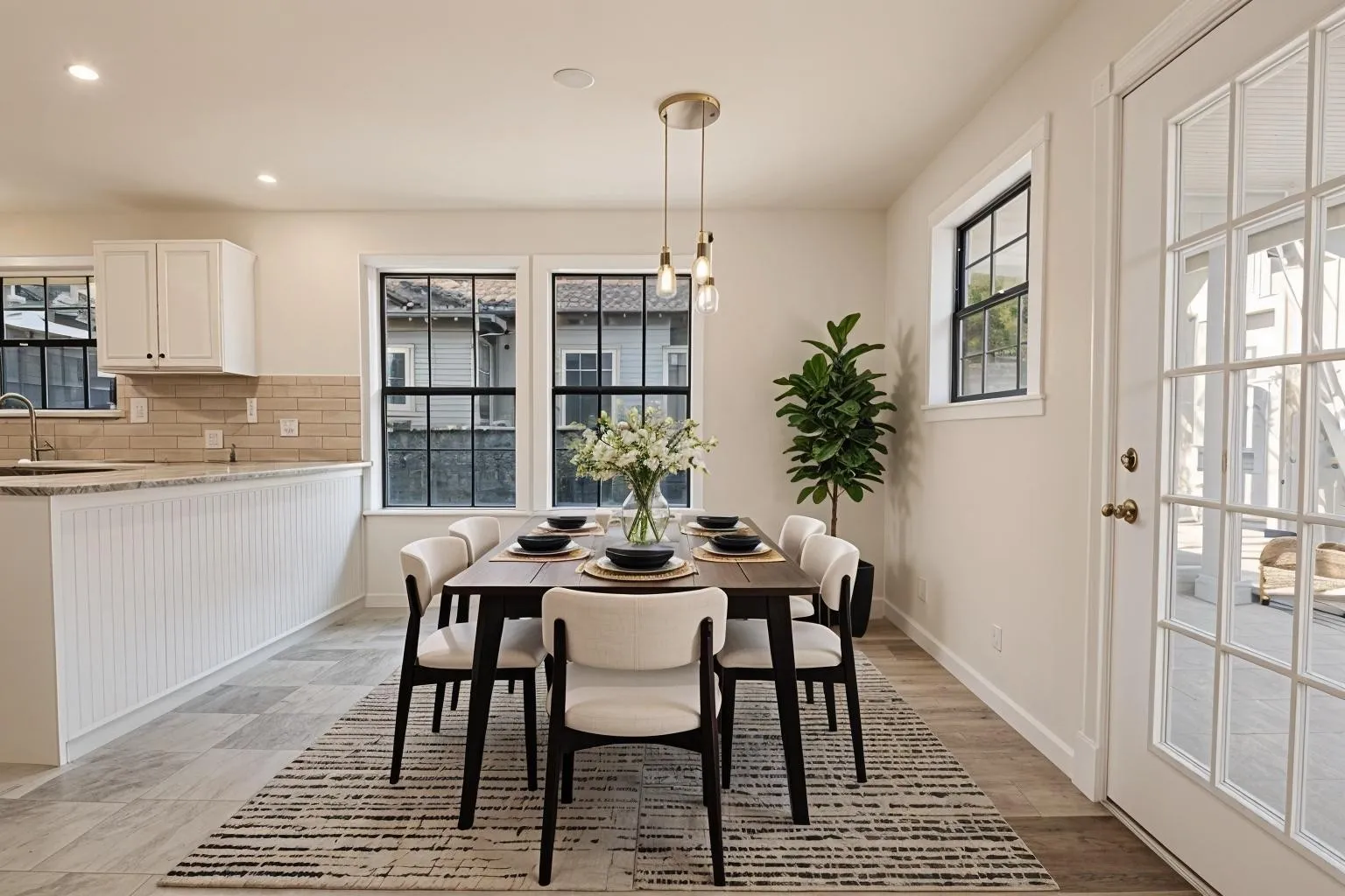 Open-concept dining and kitchen area featuring a round dining table with seating for four, light wood-finish flooring, subway tile backsplash, white cabinetry, stainless steel appliances, and abundant natural light from multiple multi-pane windows and glass doors providing access to outdoor space