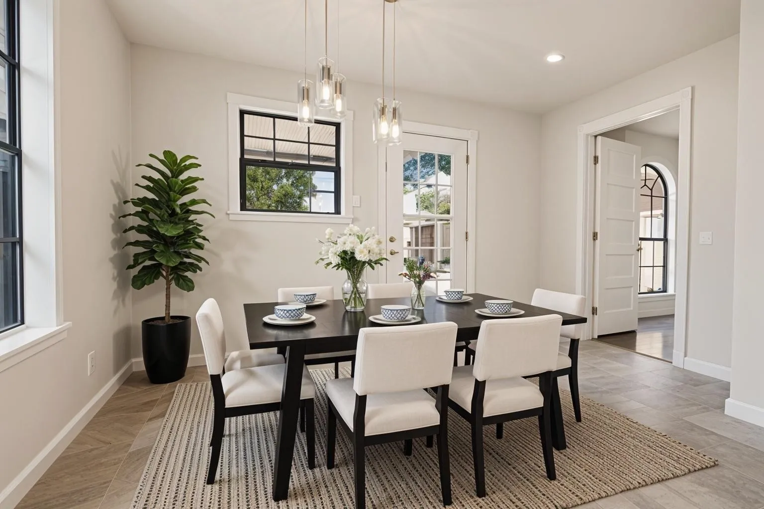 Dining area with wood-finish flooring, recessed lighting, and a glass-paneled exterior door