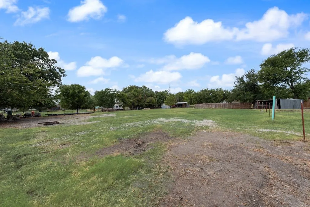 Expansive outdoor area featuring a mix of grass and natural ground, with mature trees providing shade