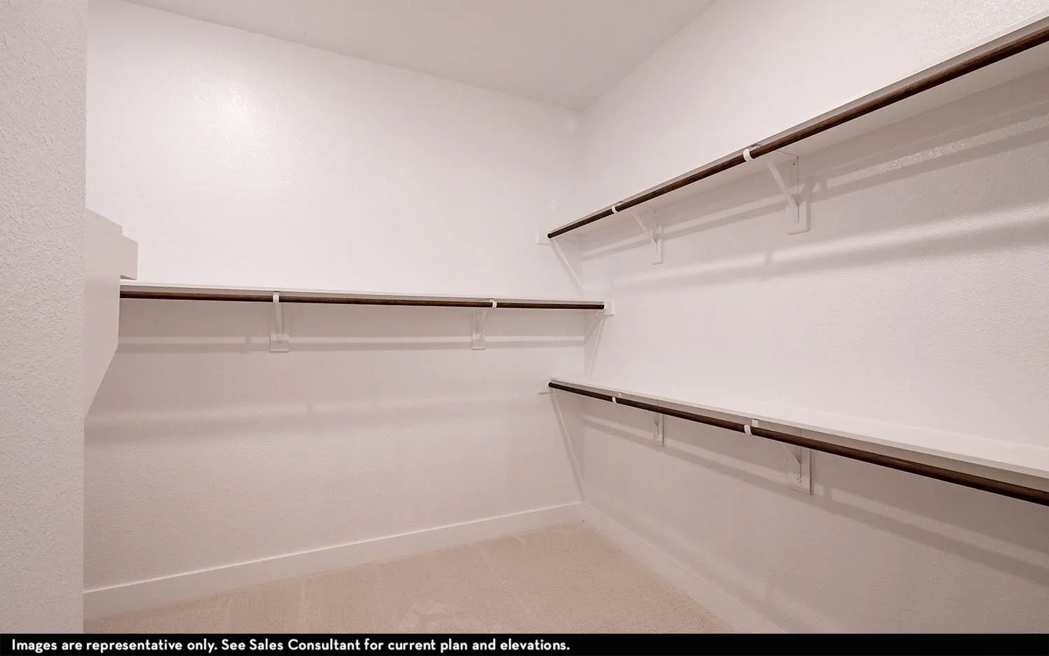 Built-in shelving and hanging rods with a neutral carpeted floor