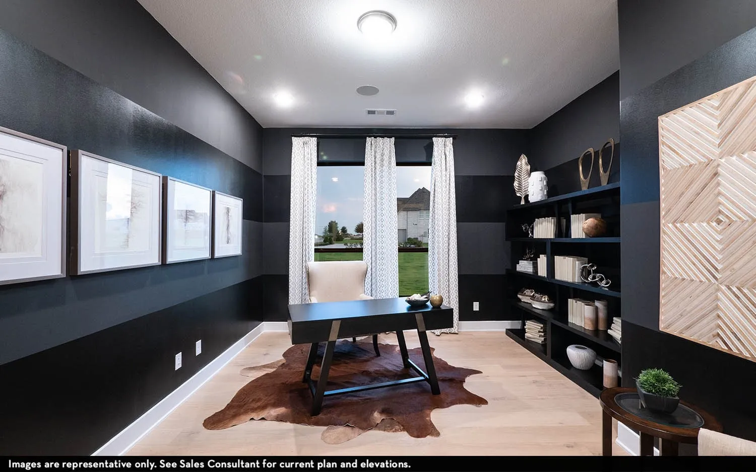 Light wood-finish flooring with floor-to-ceiling windows, recessed lighting, and built-in shelving