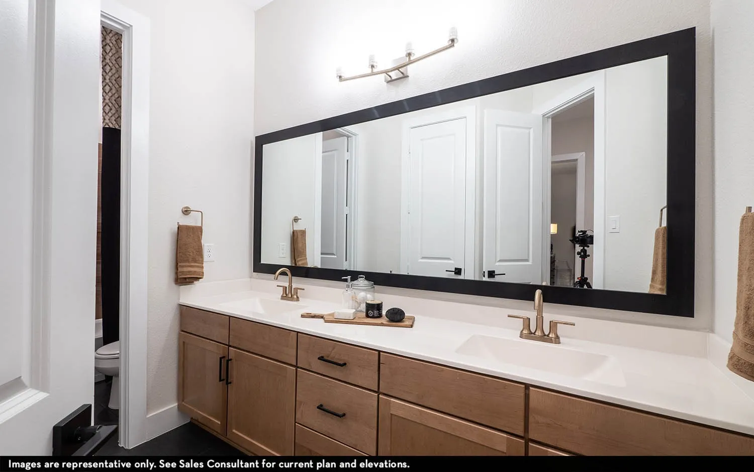 Double vanity with two integrated sinks, light wood-finish cabinetry, and brushed gold fixtures