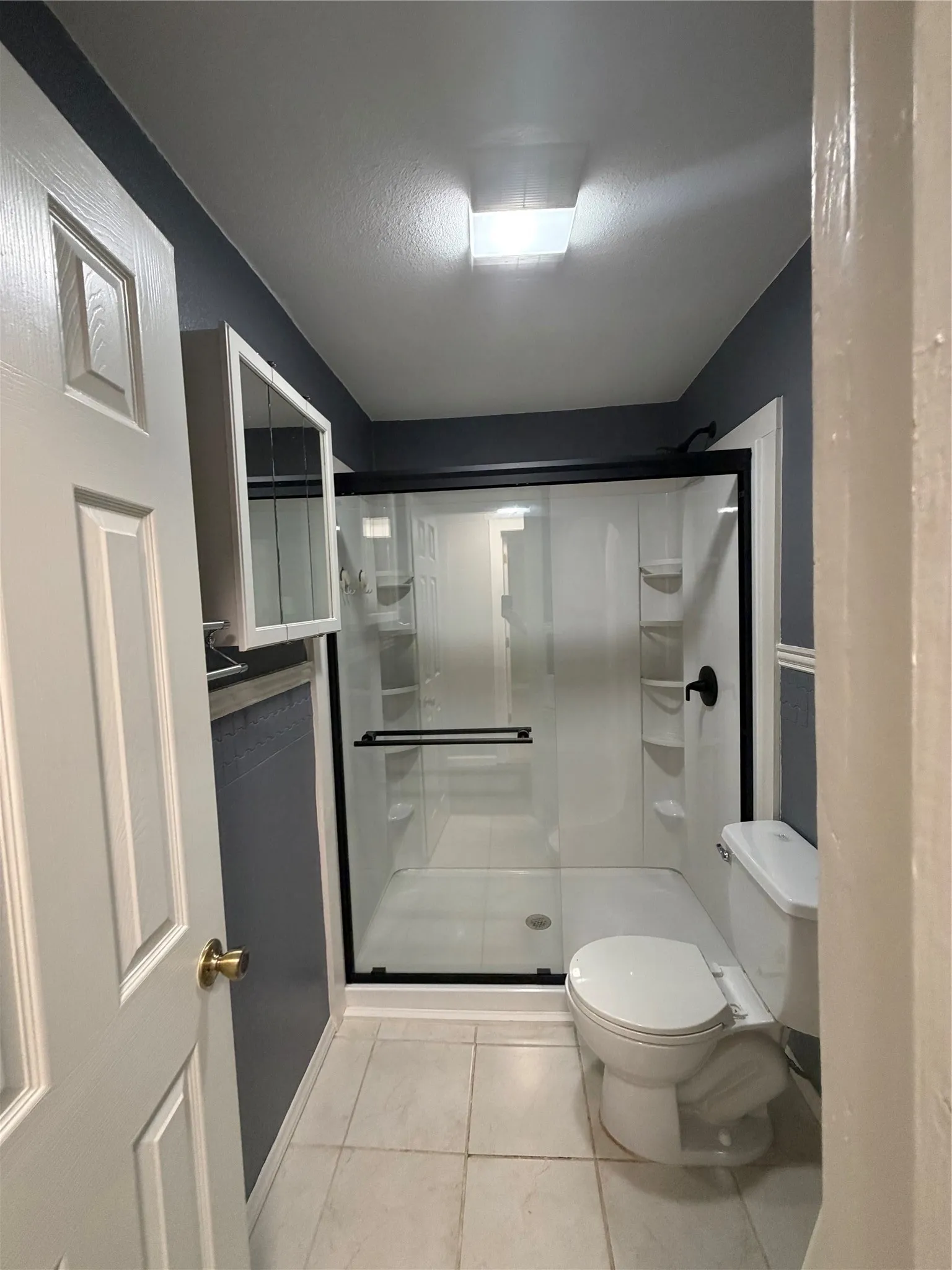 Secondary bathroom featuring a standing shower with clear glass enclosure and black hardware, a toilet, a wall-mounted medicine cabinet, and tile flooring
