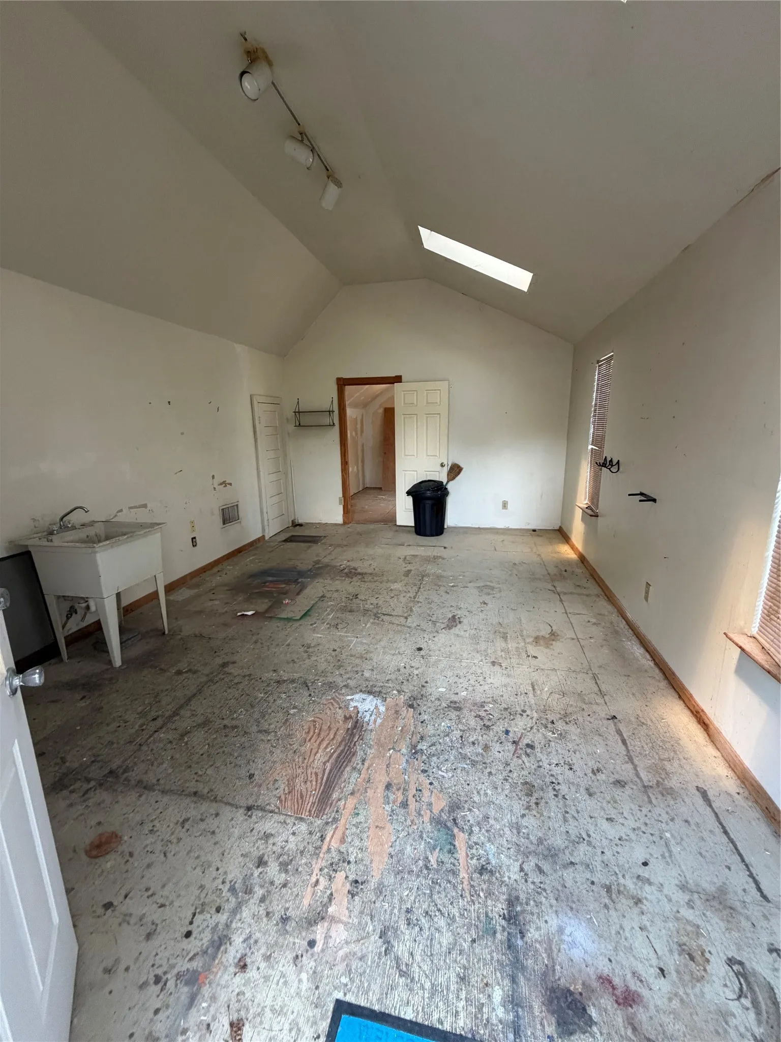 Vaulted ceiling with a skylight, track lighting, and a utility sink