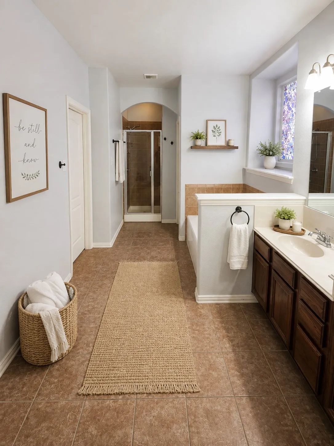 Tile flooring, a built-in soaking tub, a separate glass-enclosed shower, a double vanity with a solid surface countertop, and dark wood cabinetry