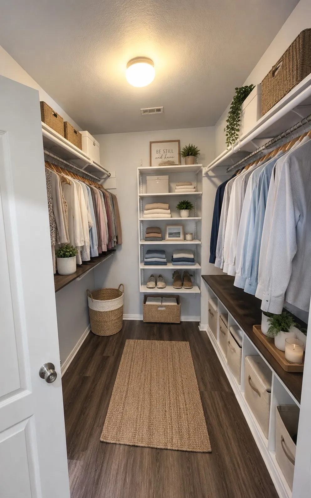 Built-in shelving and hanging rods in a walk-in closet featuring wood-finish flooring