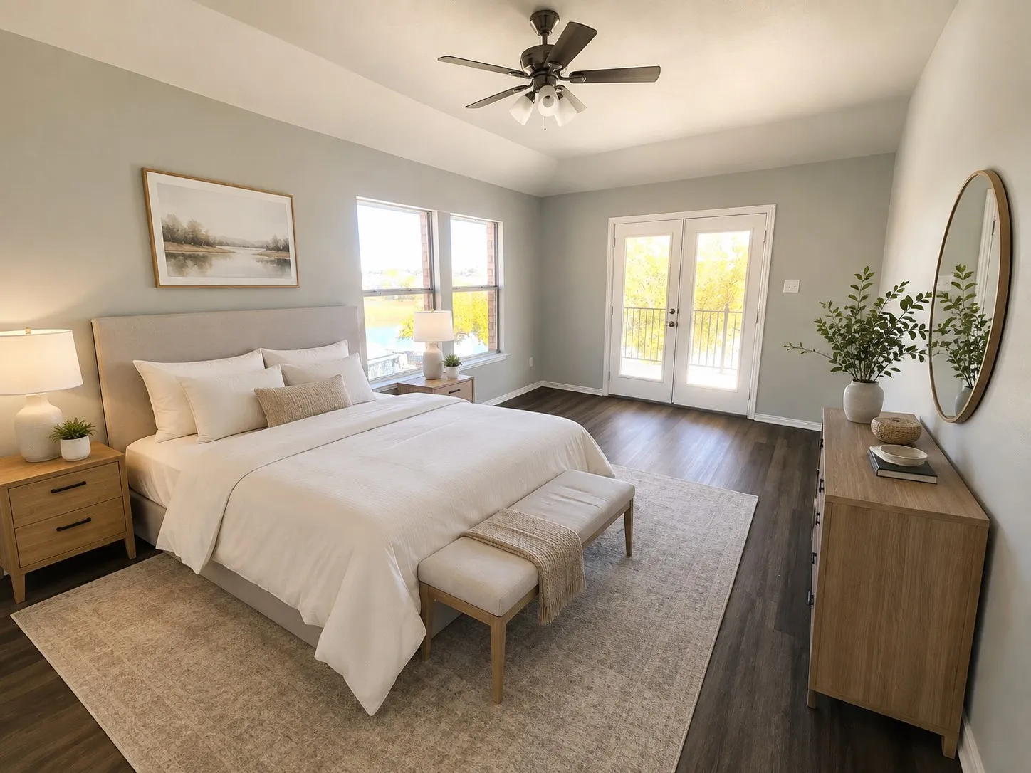 High ceilings, dark wood-finish flooring, ceiling fan, double French doors with balcony access, and dual windows