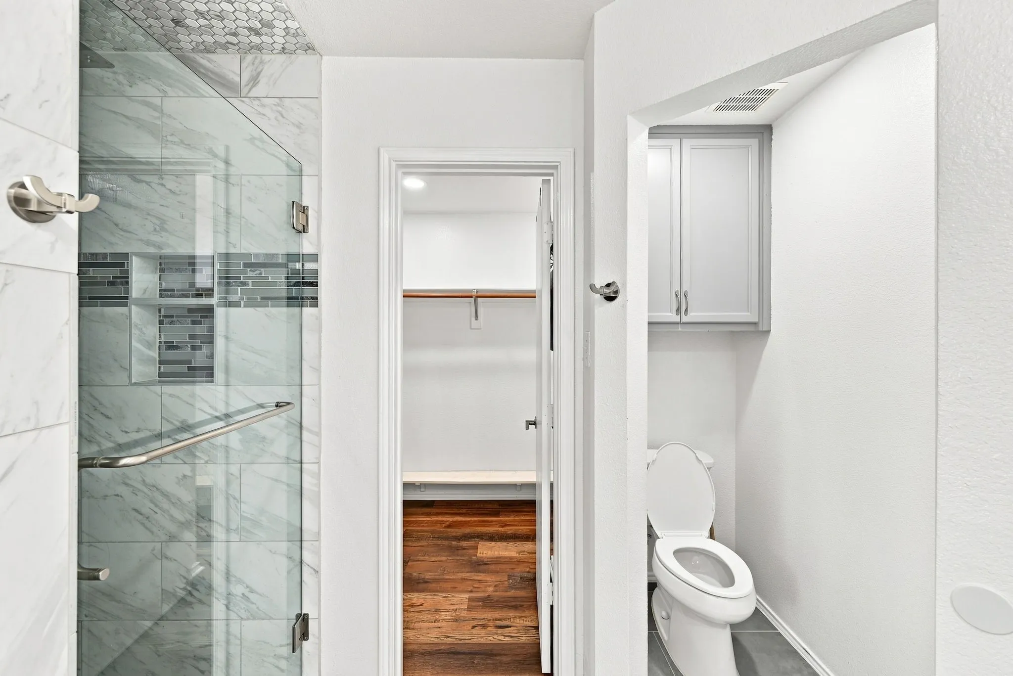 Glass-enclosed shower with tiled walls and a mosaic accent band, complemented by a separate water closet with built-in cabinetry and an adjacent walk-in closet featuring wood-finish flooring
