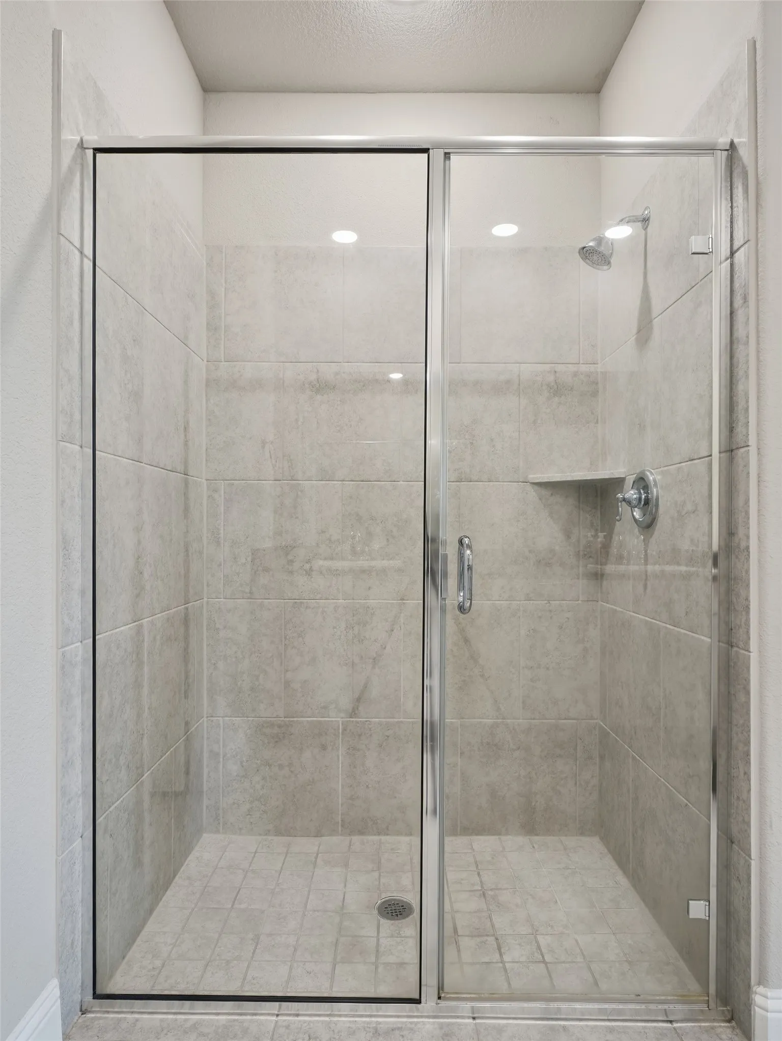 Glass-enclosed shower featuring large format wall tiles, a built-in shower shelf, a ceiling-mounted shower head, and recessed lighting