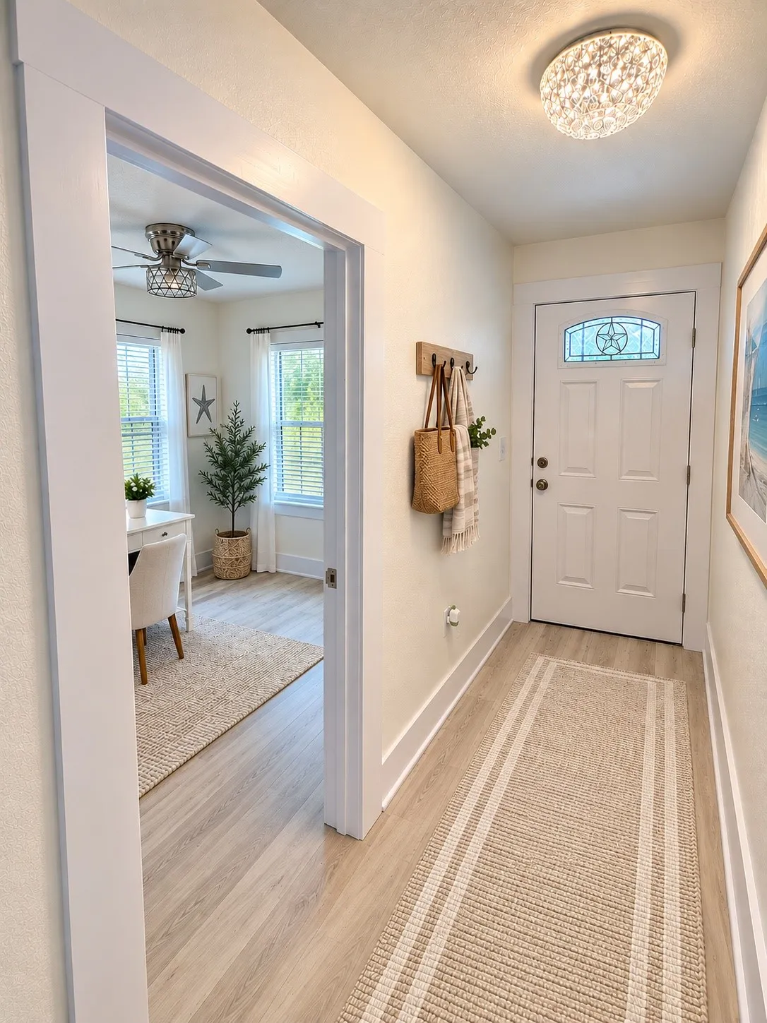 Entryway featuring wood-finish flooring, decorative flush-mount ceiling light, white paneled door with leaded glass insert, and wide baseboards