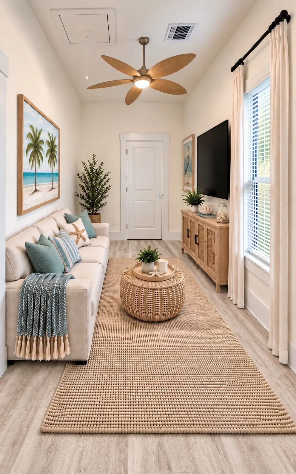 Wood-finish flooring throughout, complemented by a ceiling fan with integrated lighting