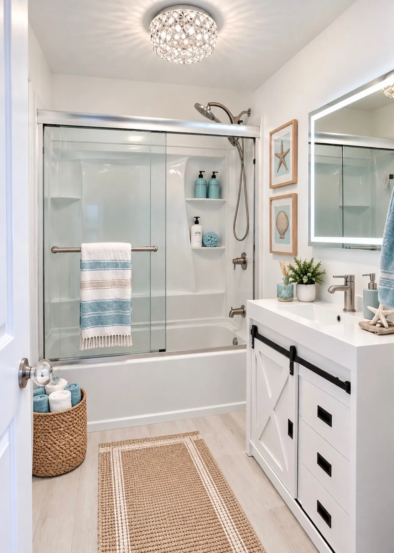 White barn door vanity with a rectangular sink and brushed nickel faucet