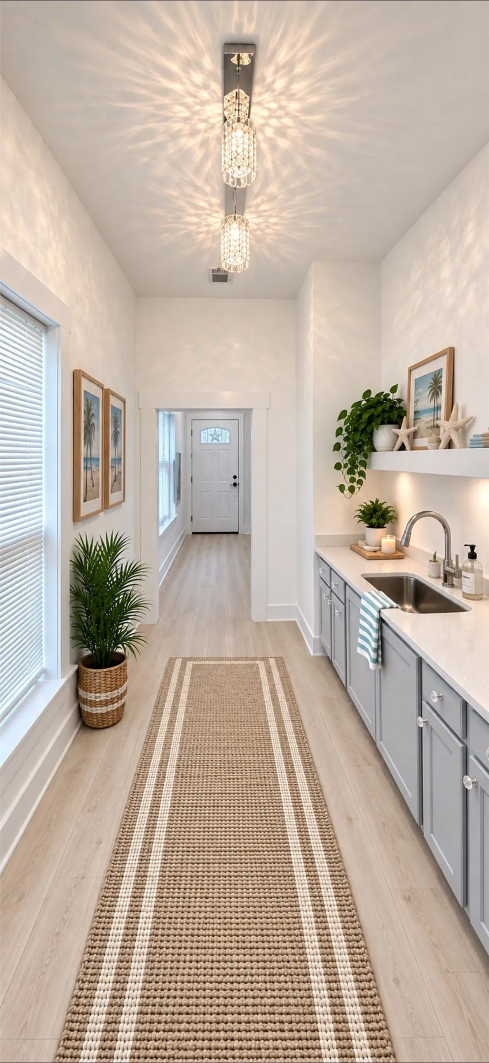 Recessed lighting, wood-finish flooring, white walls, built-in cabinetry, and a stainless steel sink