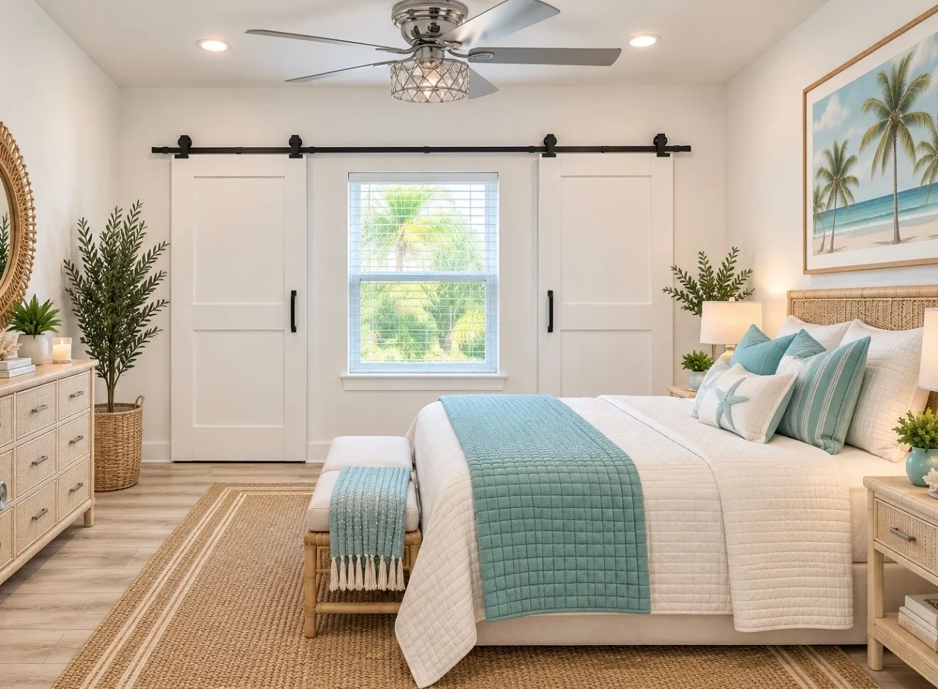 White walls with recessed lighting, wood-finish flooring, a ceiling fan with integrated lighting, and a window with blinds