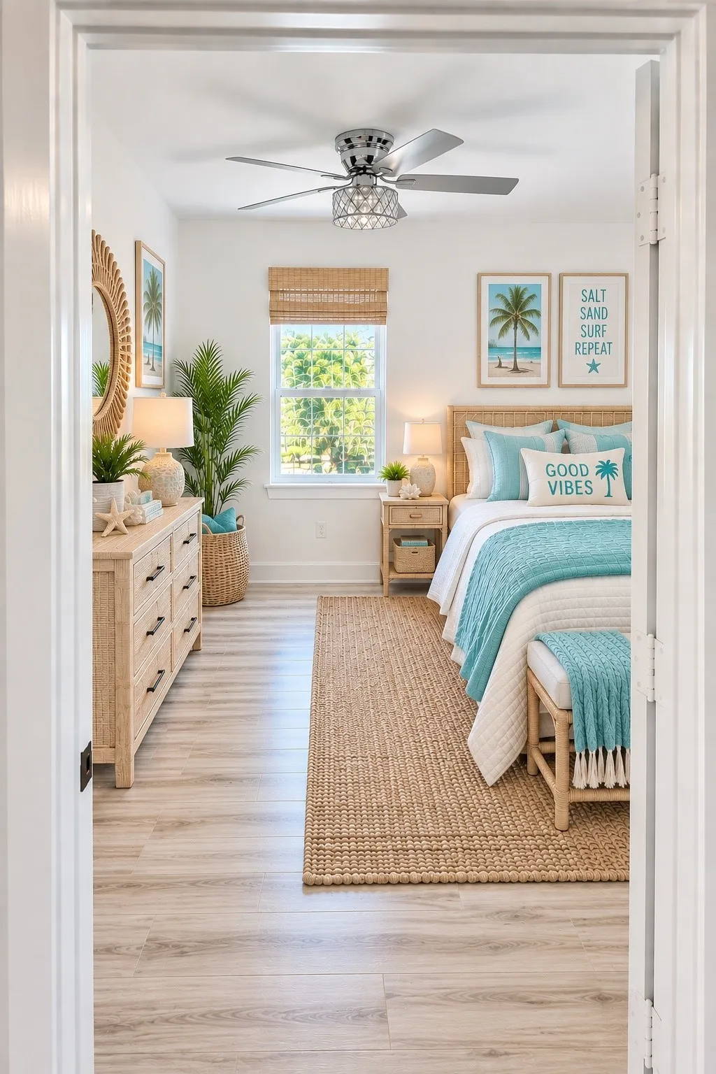 Recessed window with a woven shade, ceiling fan with crystal accent, light wood-finish flooring, and white walls