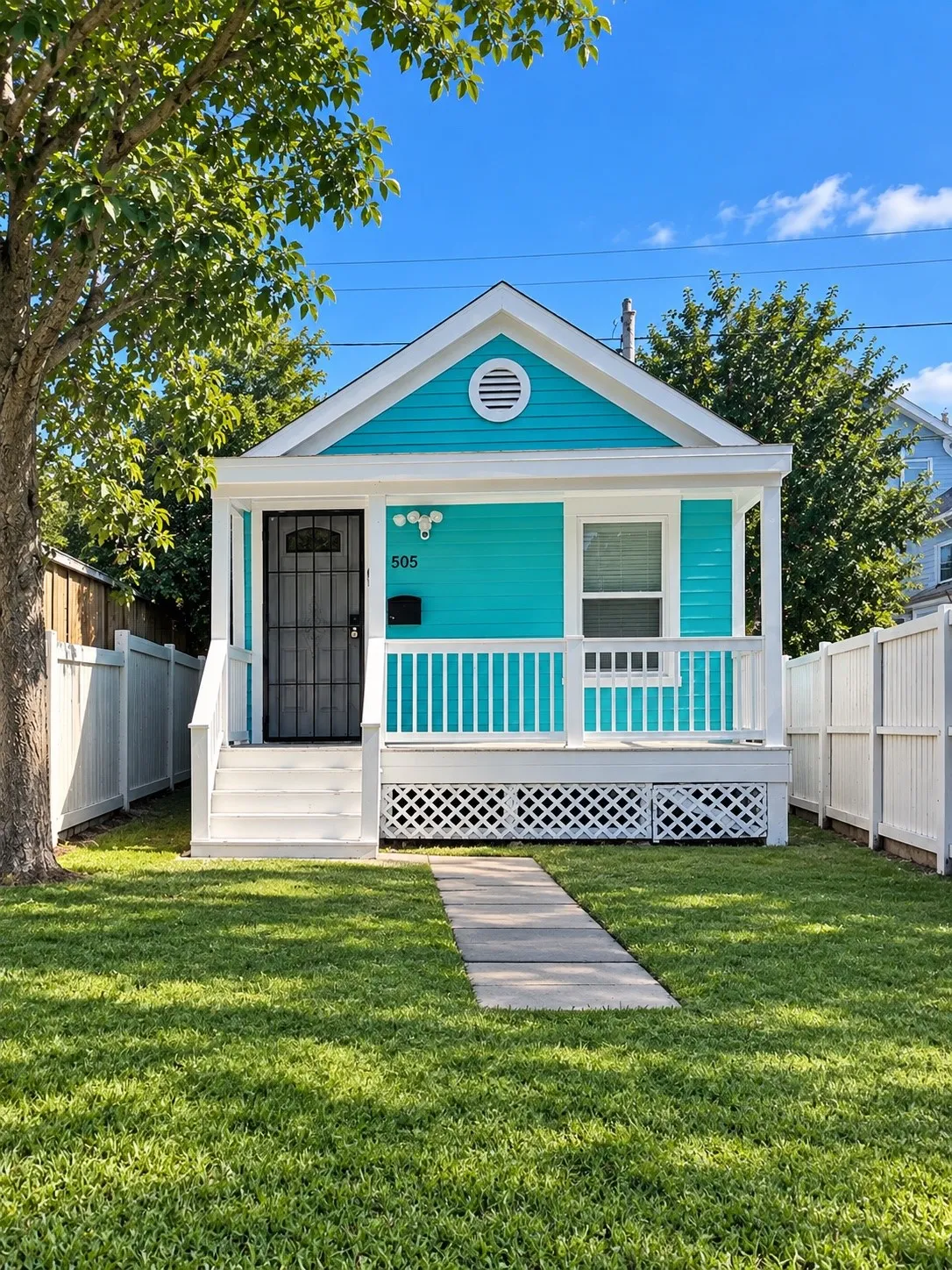 Charming cottage-style home featuring a turquoise and white exterior with classic board-and-batten siding, covered front porch with white railings and decorative lattice detailing, and a circular gable vent