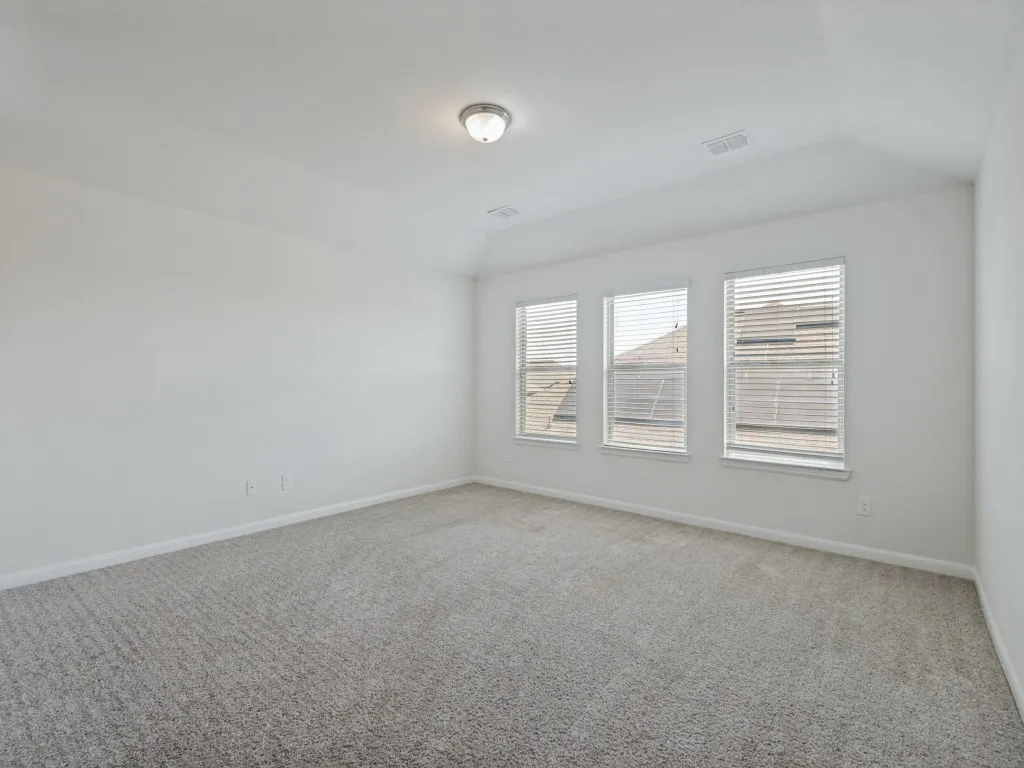 Recessed ceiling, neutral wall paint, three windows with blinds, carpeted flooring, and a flush mount light fixture