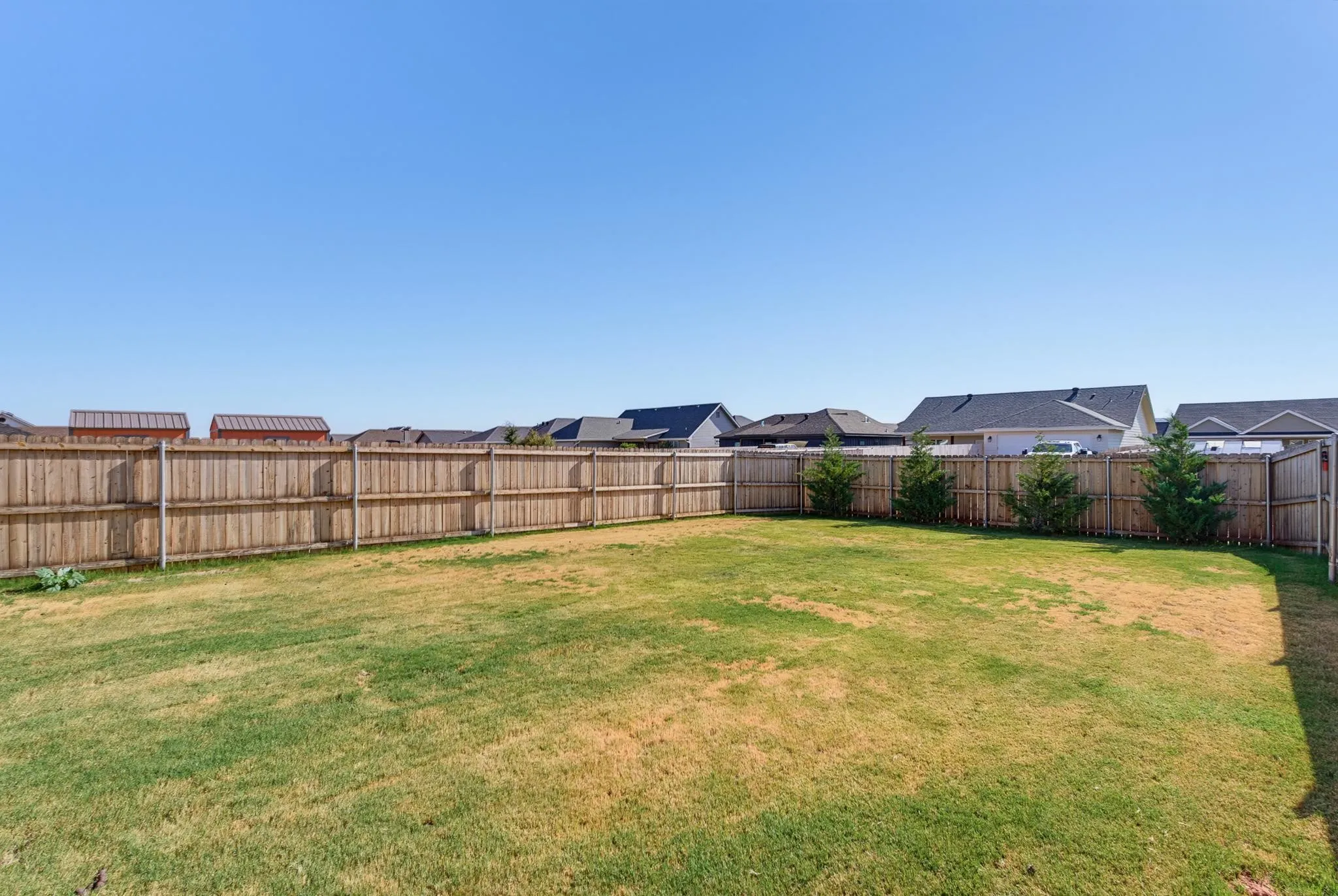 Expansive backyard with a full wood privacy fence and established shrubbery