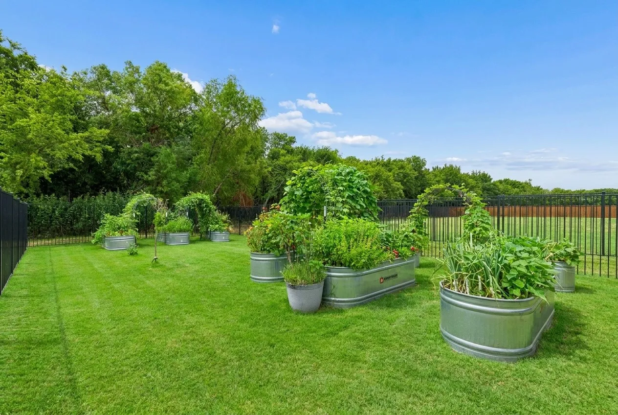 Expansive back garden featuring a manicured lawn, multiple raised garden beds, established plantings, and a separate black perimeter fence.