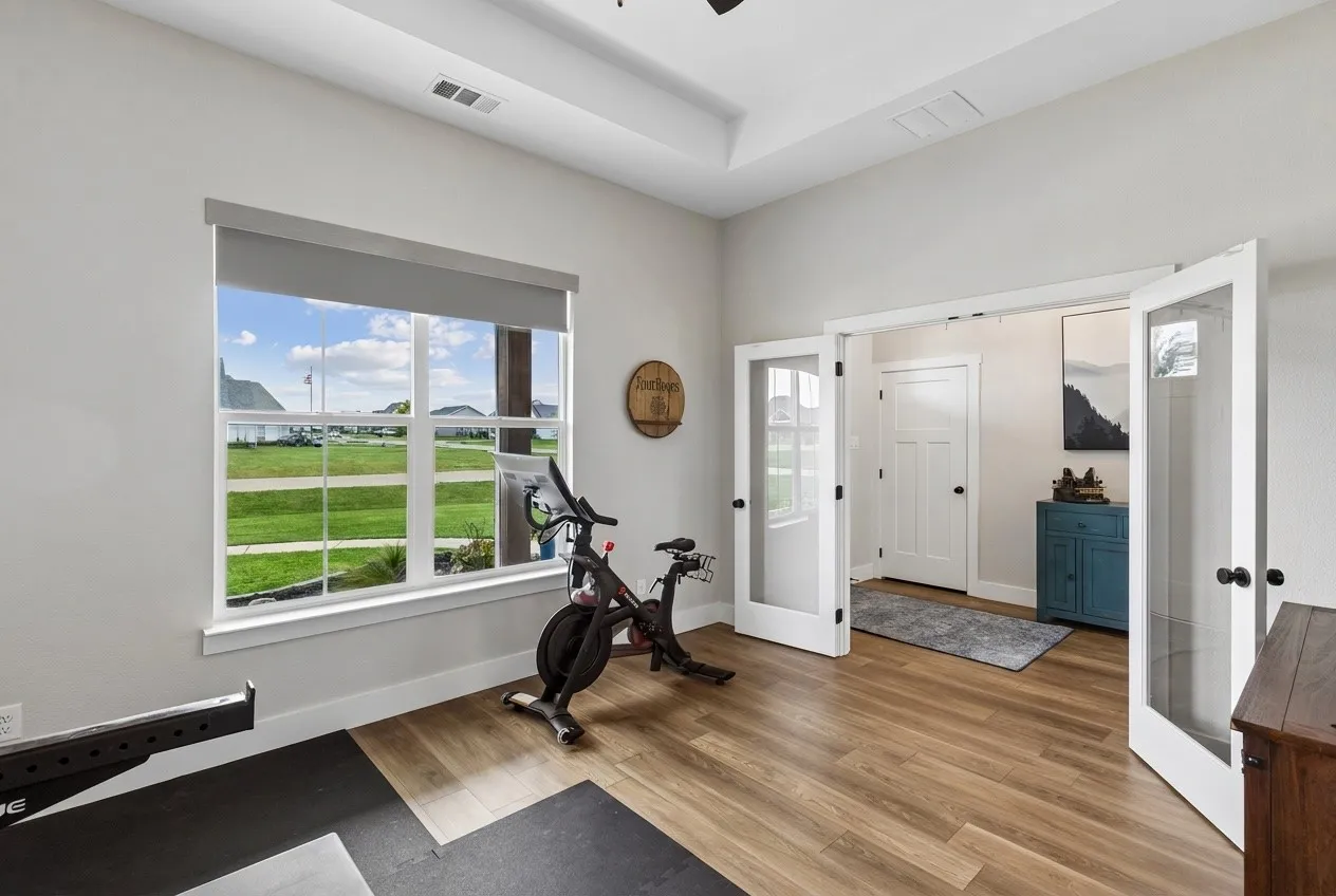 Tray ceiling, wood-finish LVP flooring, white trim, glass-paneled French doors, and a large window
