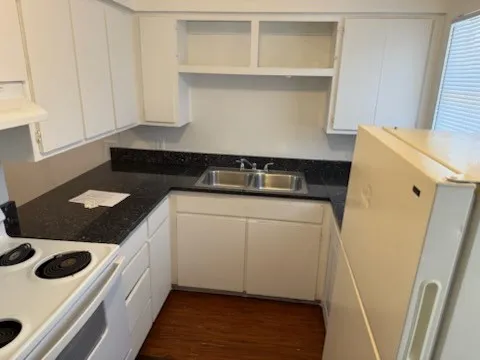 Kitchen featuring a sink, open shelves, dark wood-style floors, under cabinet range hood, and white appliances