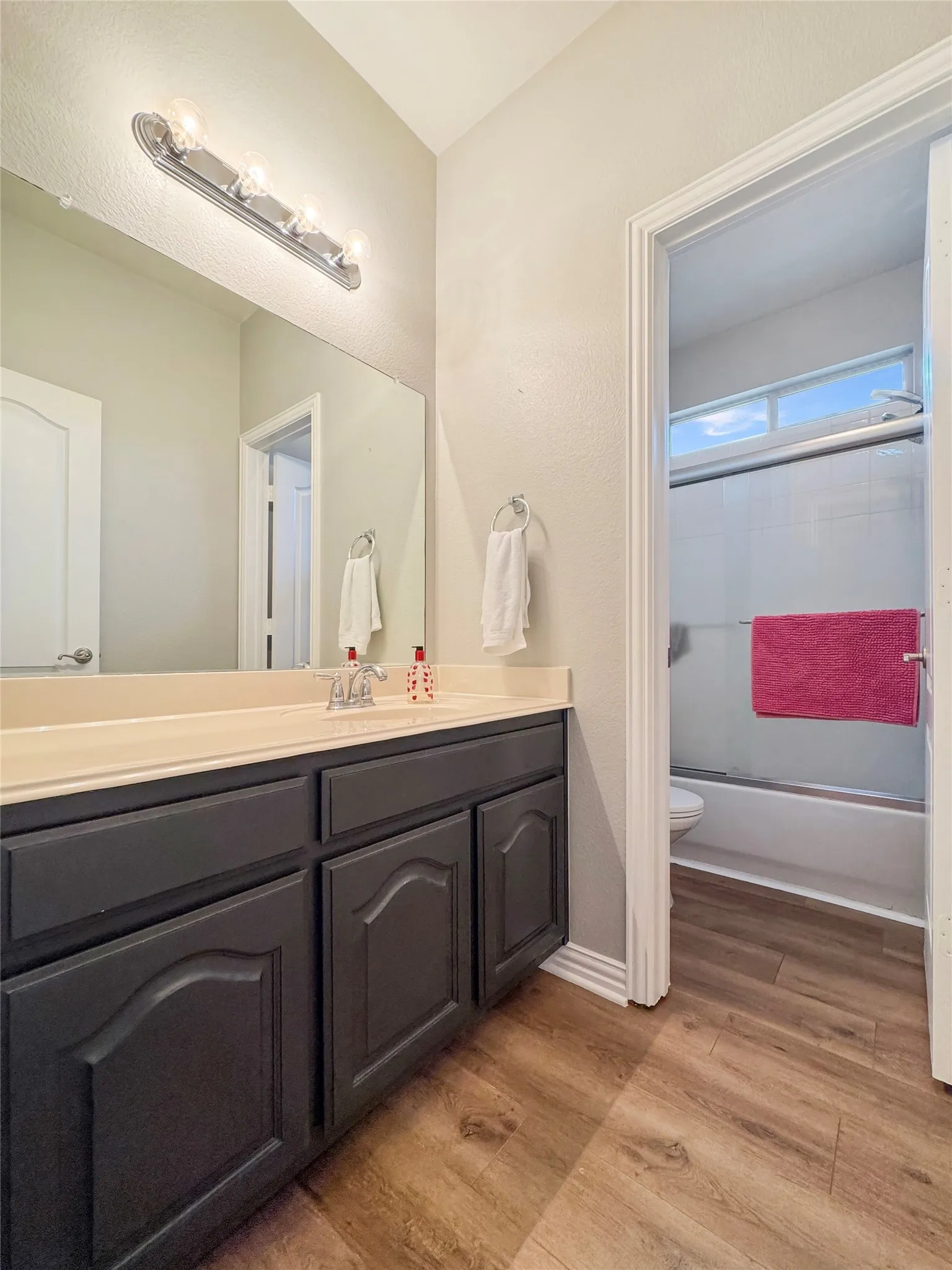 Full bathroom featuring a single vanity with door dividing toilet/bath from the sink area
