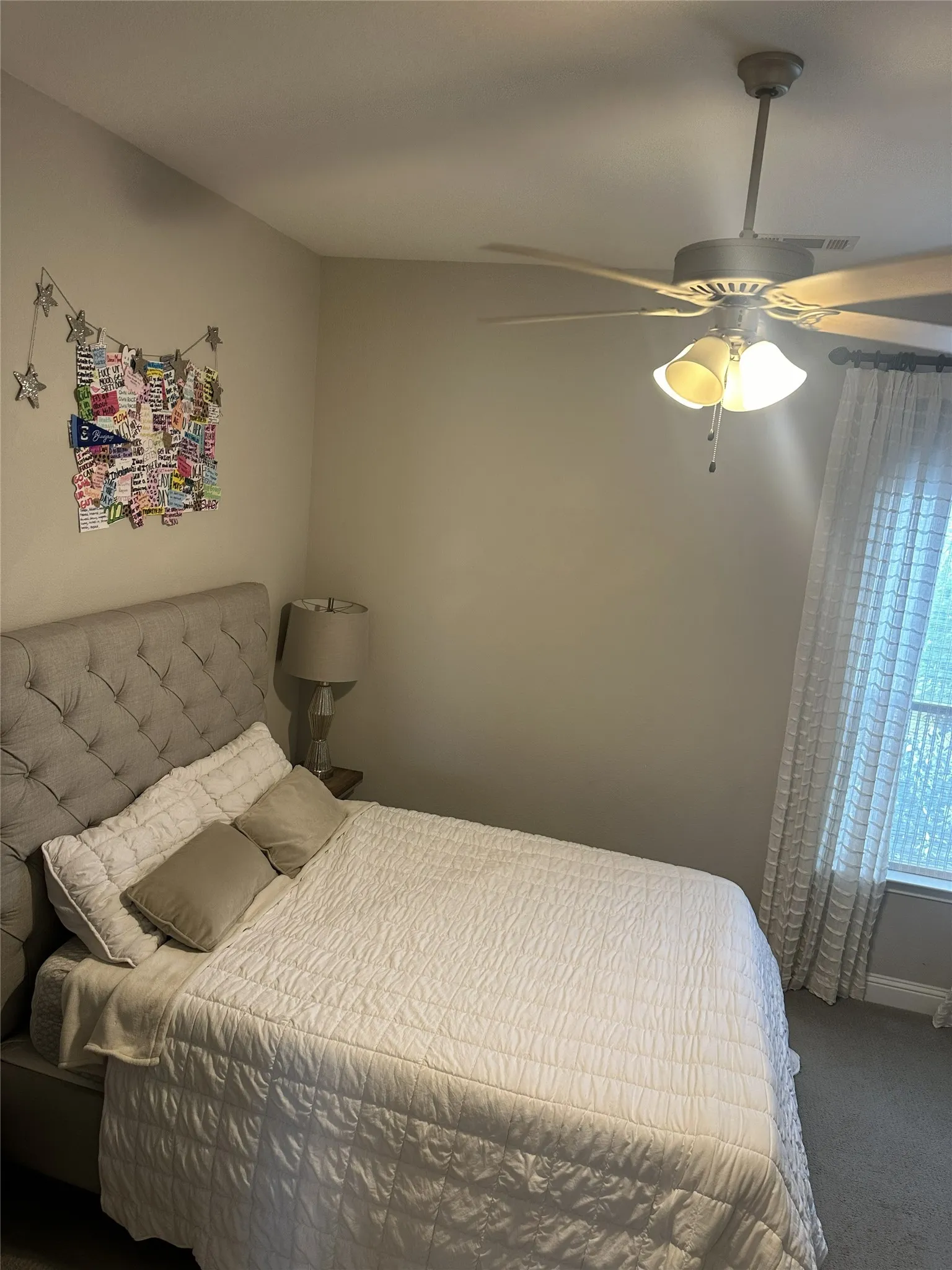 Recessed window with decorative curtain rod, carpeting, ceiling fan with integrated lighting