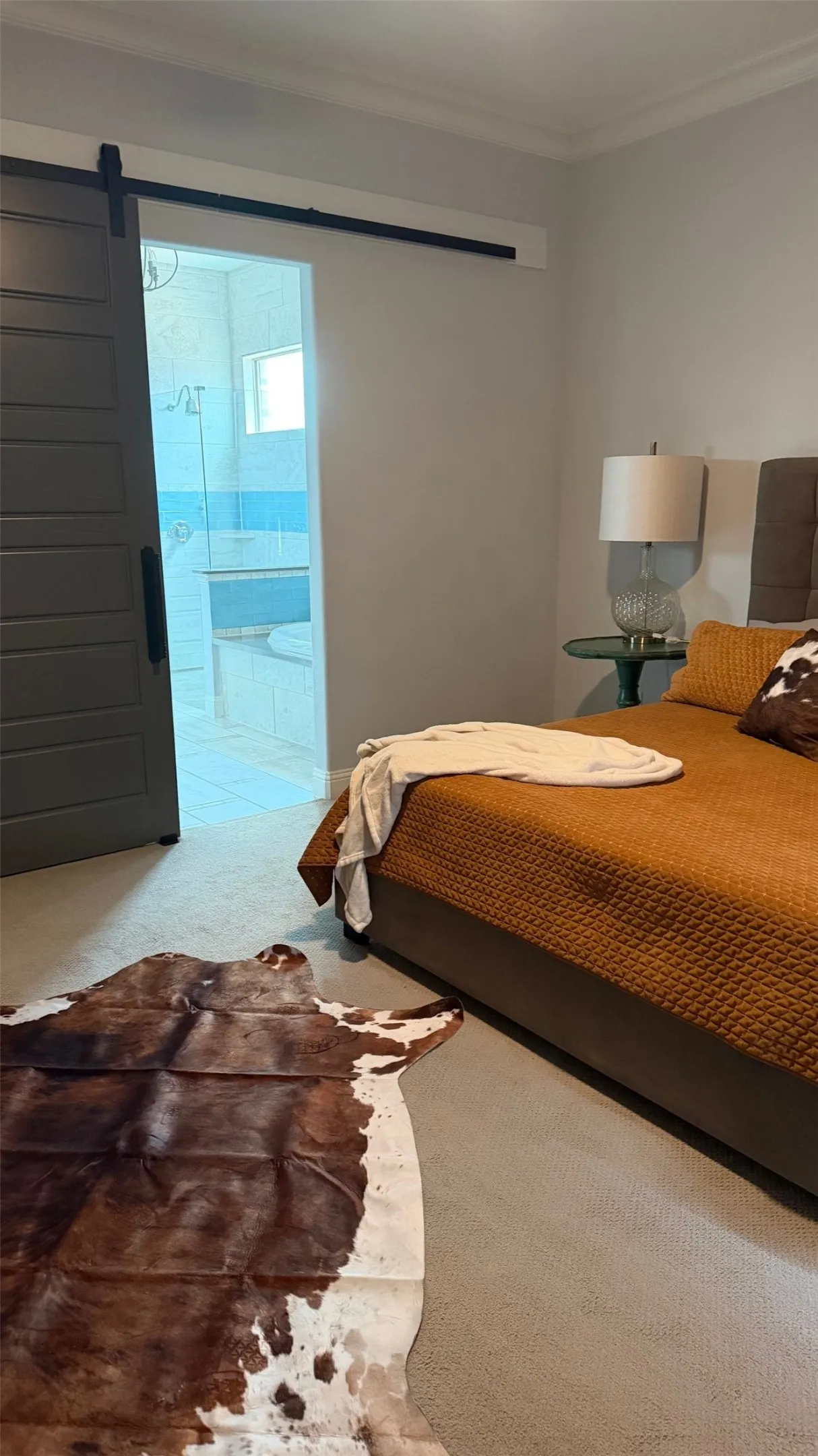 Wall-mounted barn door with black hardware, crown molding, and carpeted flooring