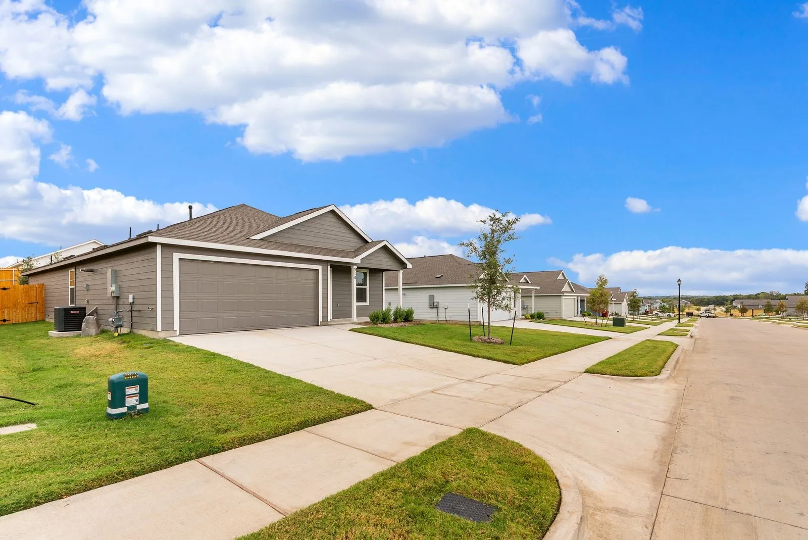 Single-story residence with a two-car garage, concrete driveway, and a fenced side yard