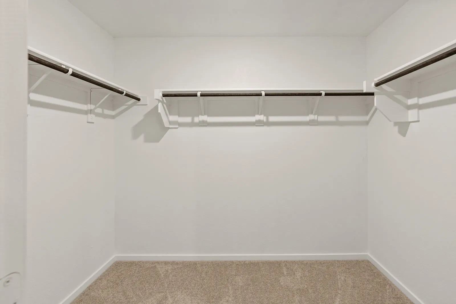 Built-in closet shelving with hanging rods and neutral carpet flooring