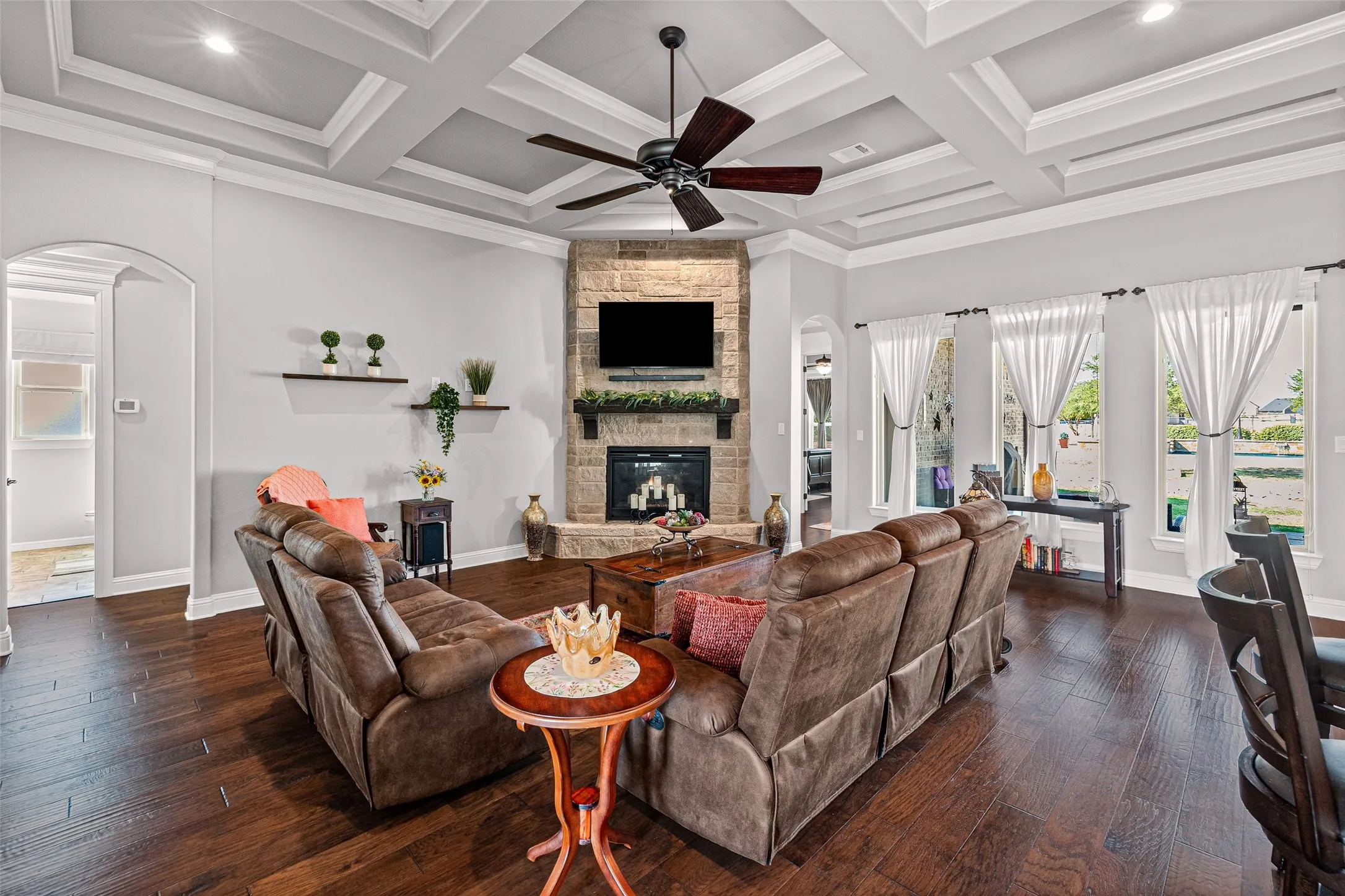 Living room with gas fireplace.