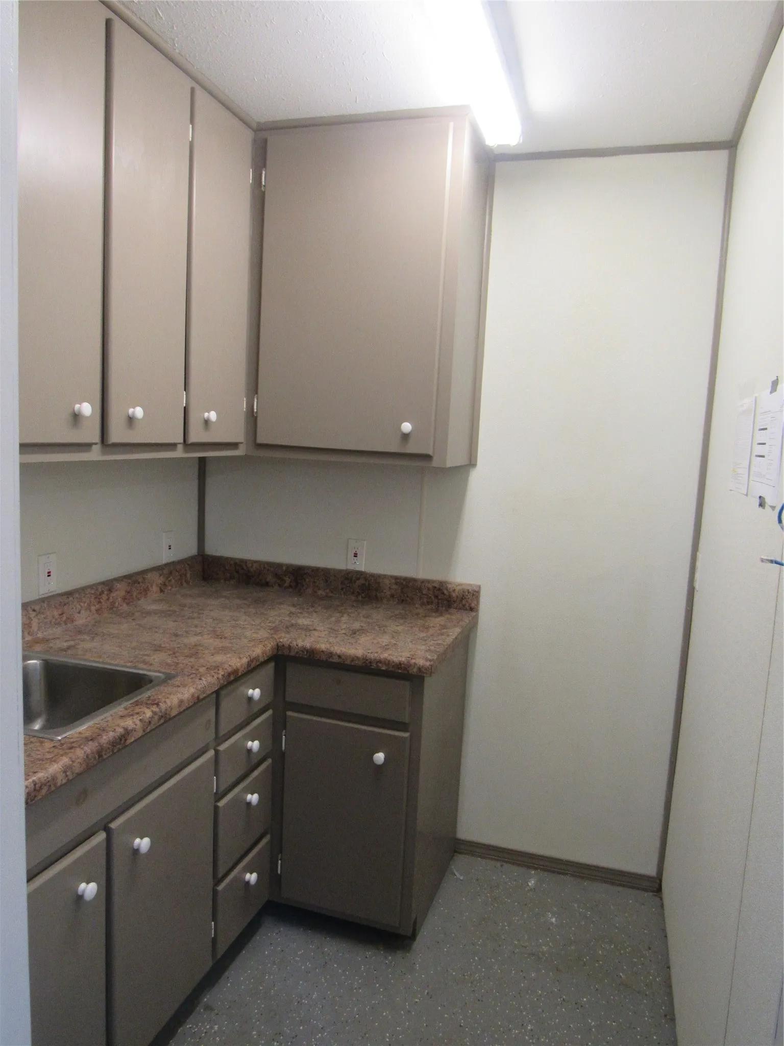 L-shaped counter space with a stainless steel sink, wood-finish cabinetry, and overhead lighting