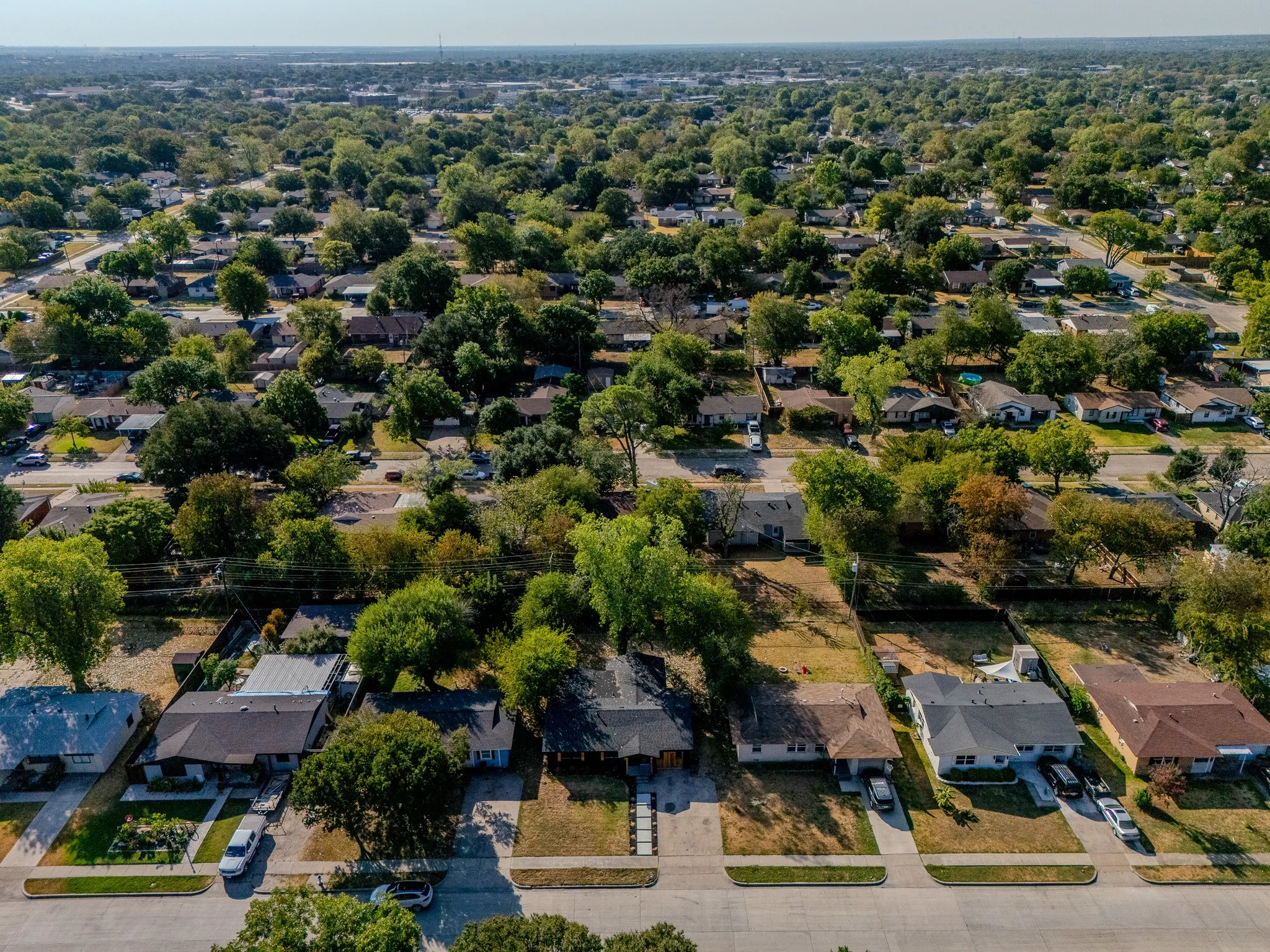 Residential street with established trees and multiple homes featuring diverse architectural styles