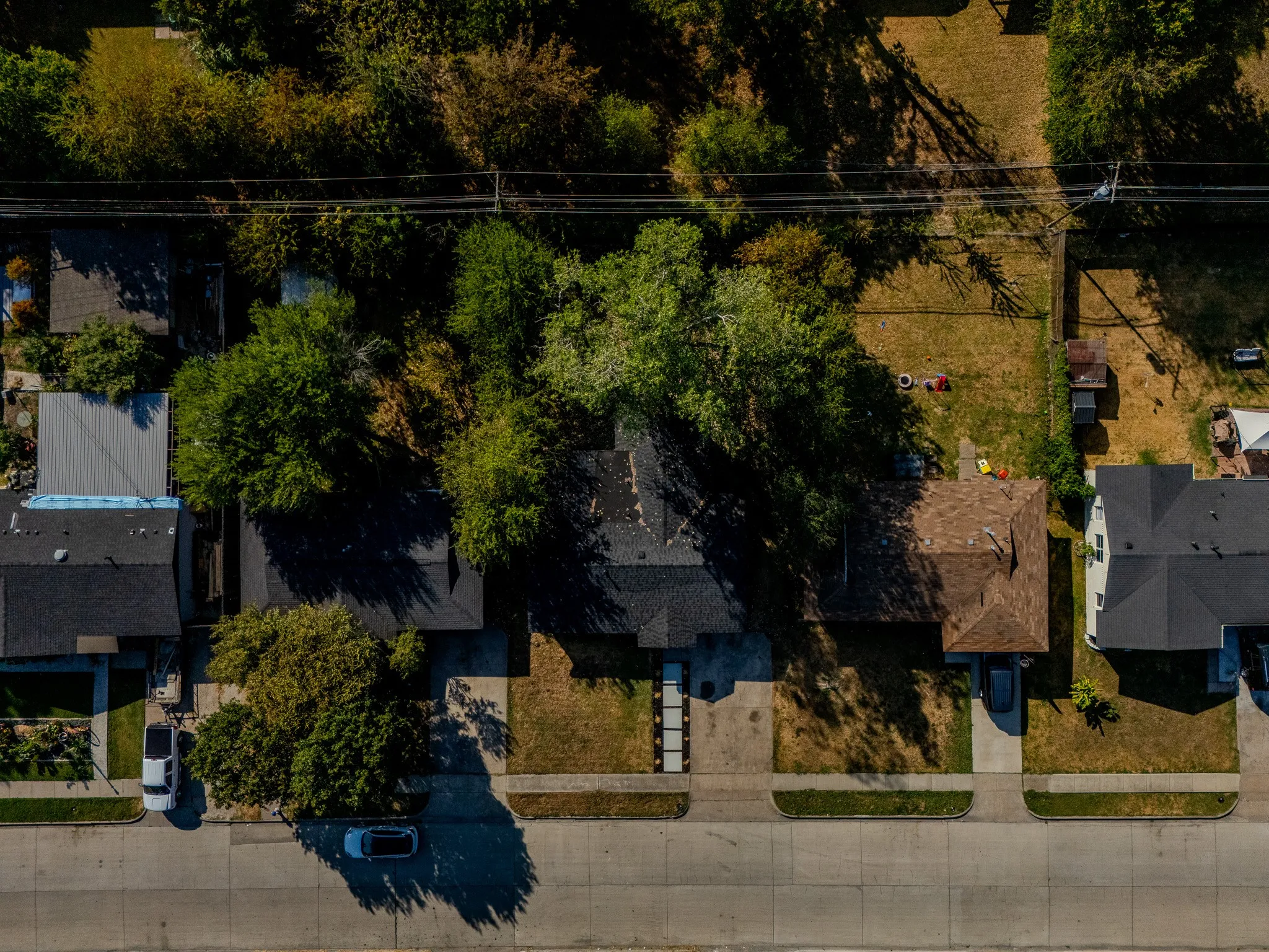 Paved street frontage with multiple driveways, mature trees, and expansive grassy areas