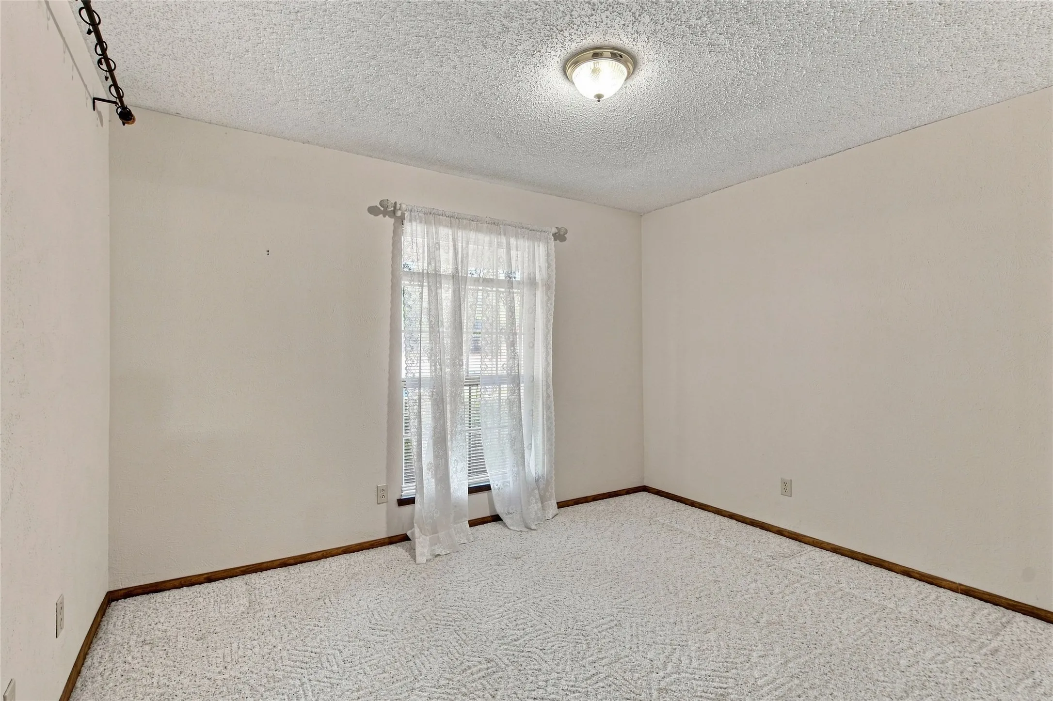 Textured carpet flooring with wood trim