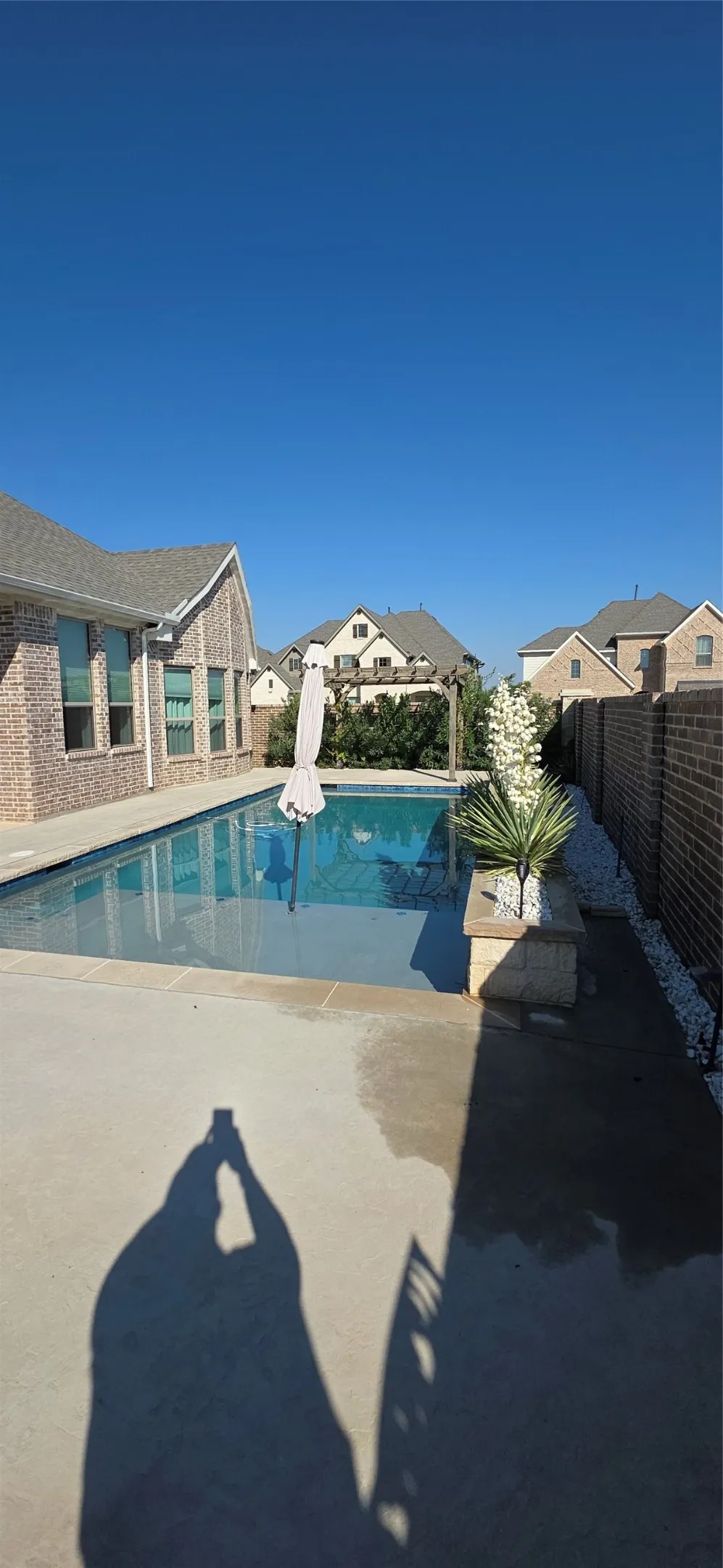 Rectangular swimming pool with surrounding concrete patio, bordered by a brick privacy wall