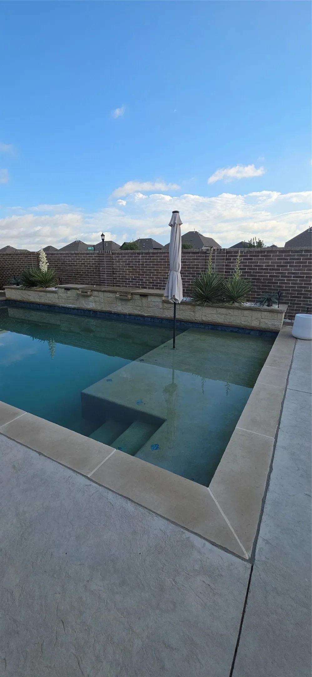 Swimming pool featuring a sun shelf, integrated steps, and concrete decking