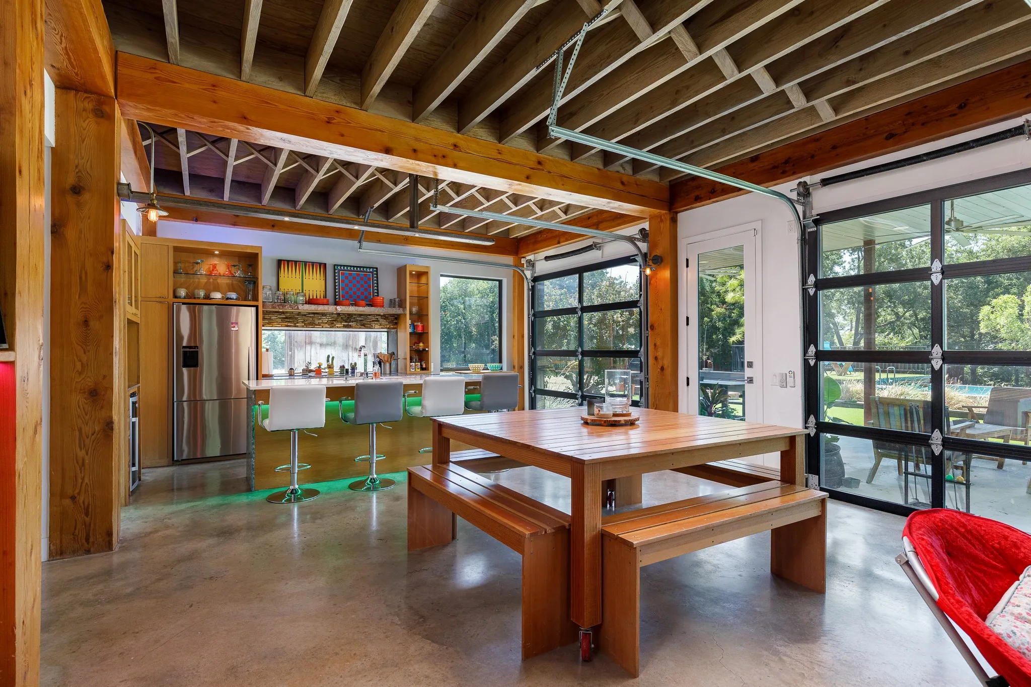 Exposed wood beam ceiling with wood support columns