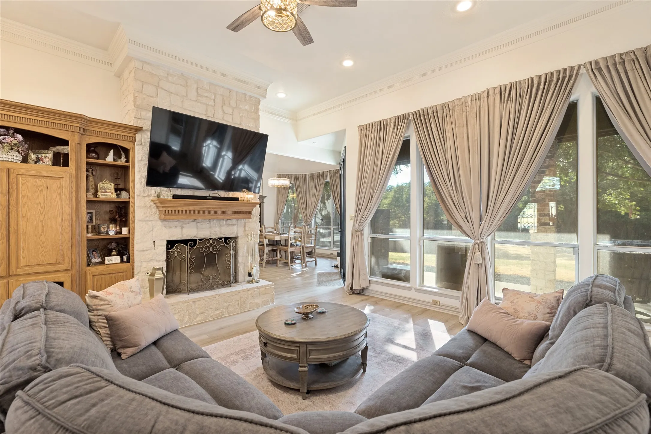 Living Room with Stone Fireplace