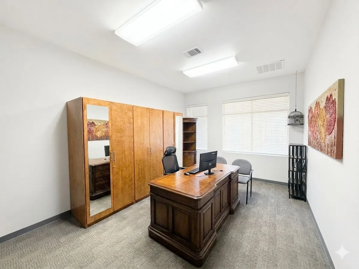 Neutral wall tones, recessed lighting, and carpeted flooring