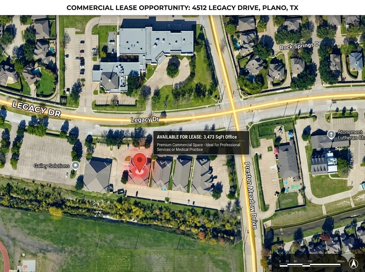 Commercial Lease Opportunity. Aerial view of the property at 4512 Legacy Drive, Plano, TX, indicating available lease space and surrounding roads