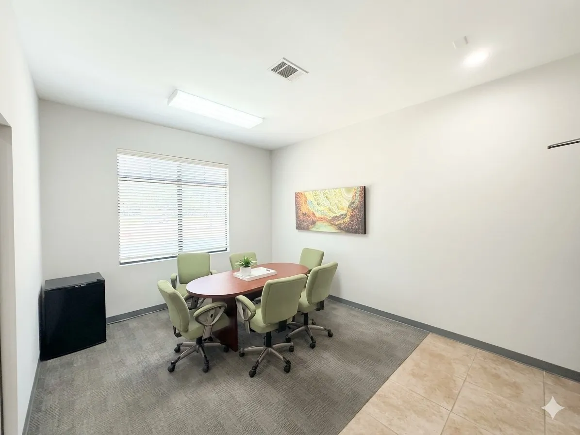 Recessed overhead lighting, window with horizontal blinds, carpet flooring, tile flooring, and gray baseboards