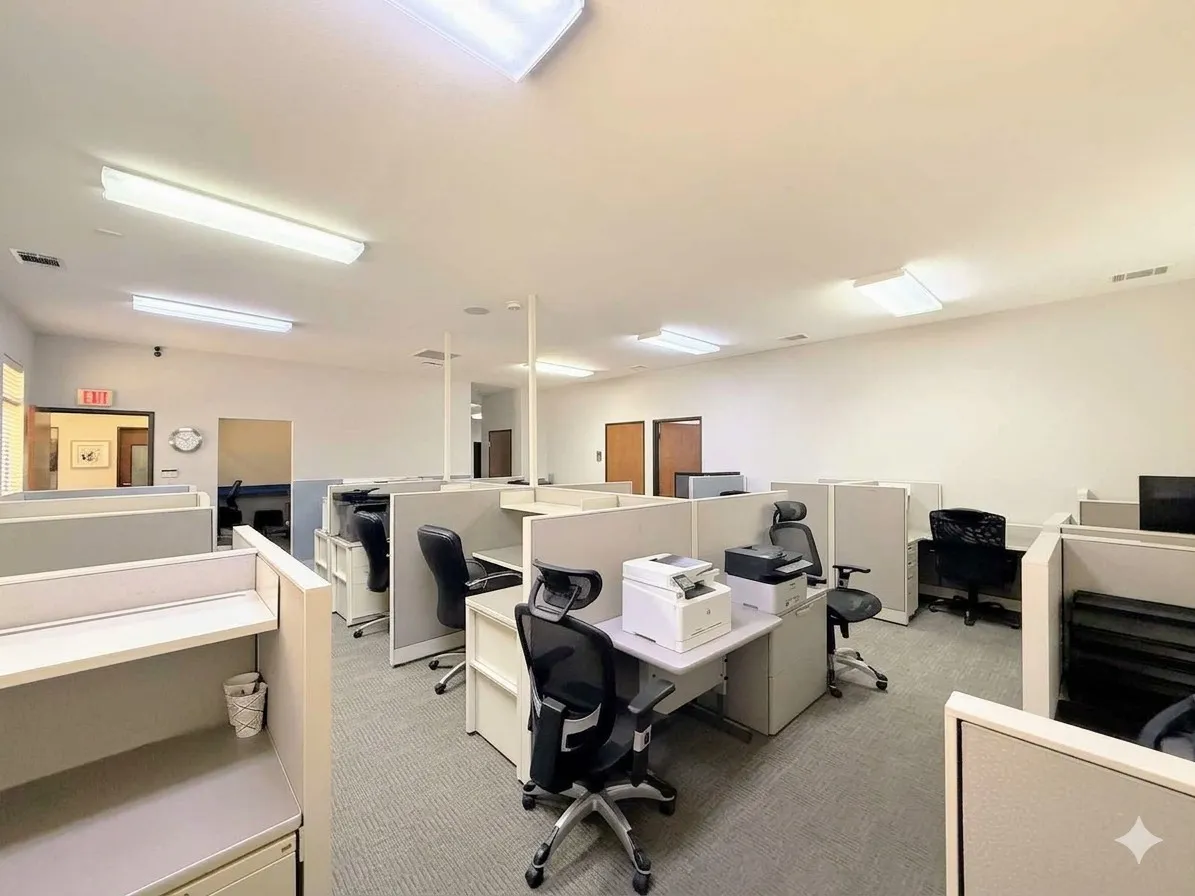 Open office area featuring cubicle workstations, recessed lighting, and carpet flooring